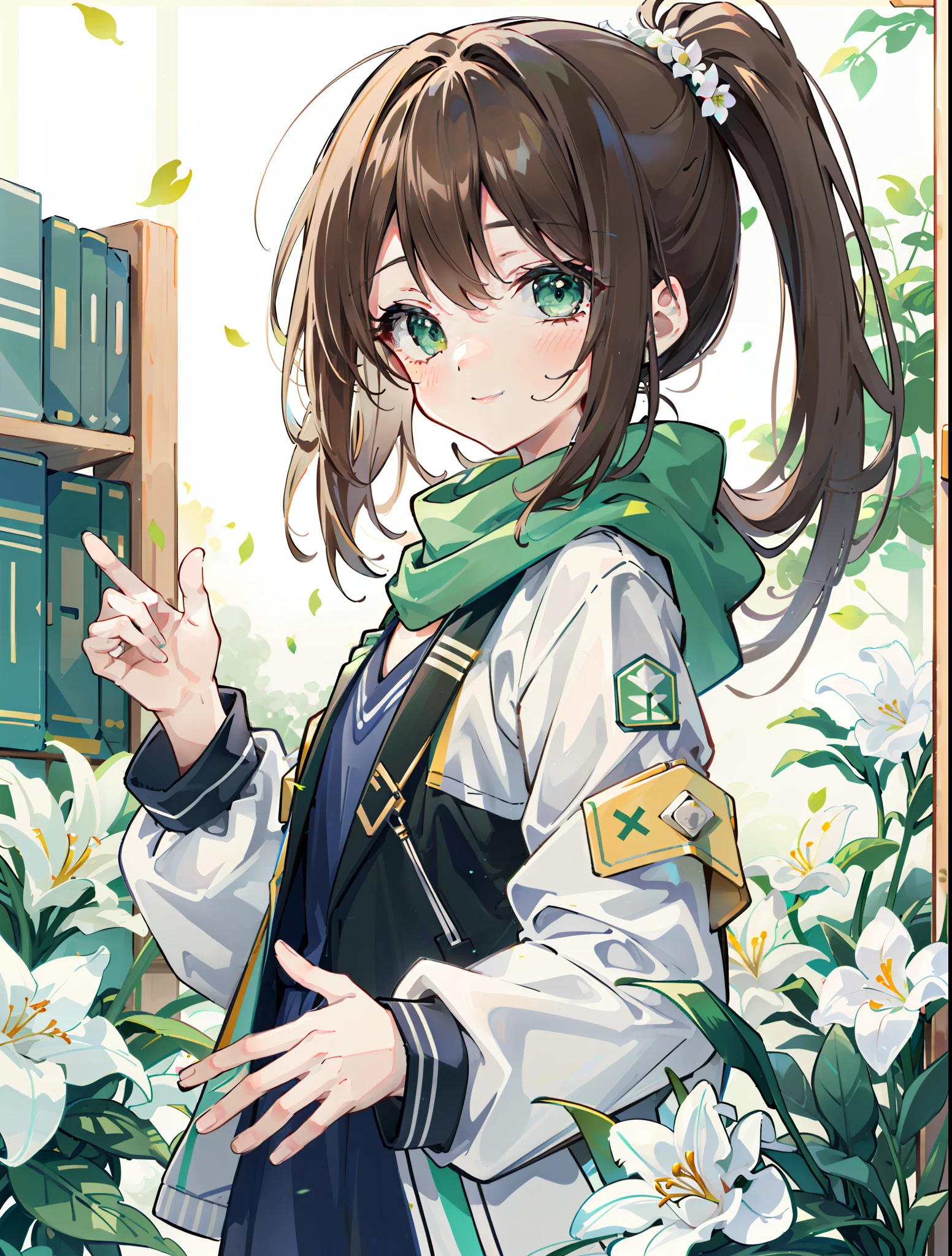 A little girl, smiling at the camera, flat chest, quiet, introverted, delicate face, delicate hair, (brown diagonal ponytail), punk jacket, front view, plant, green eyes, white thick scarf, fluttering white flowers, green theme, two-headed body, little doll, laugh, library, warm light, white camera