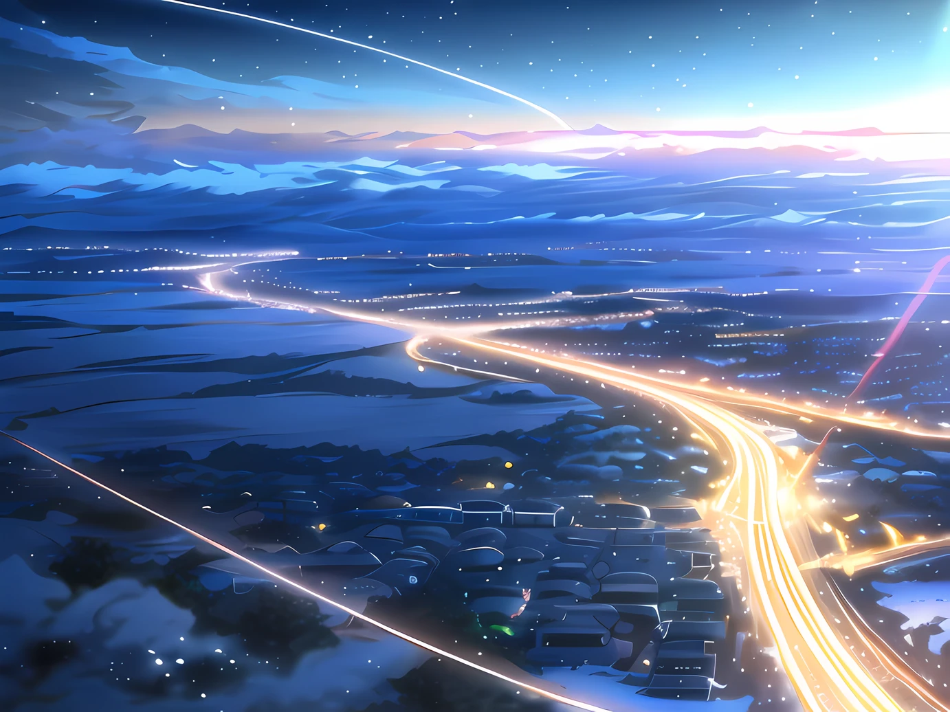 anime scene of a city with a long road and a bright light, cosmic skies. by makoto shinkai, makoto shinkai!, ( ( makoto shinkai ) ), makoto shinkai!!, style of makoto shinkai, makoto shinkai. —h 2160, beautiful anime scene, in style of makoto shinkai