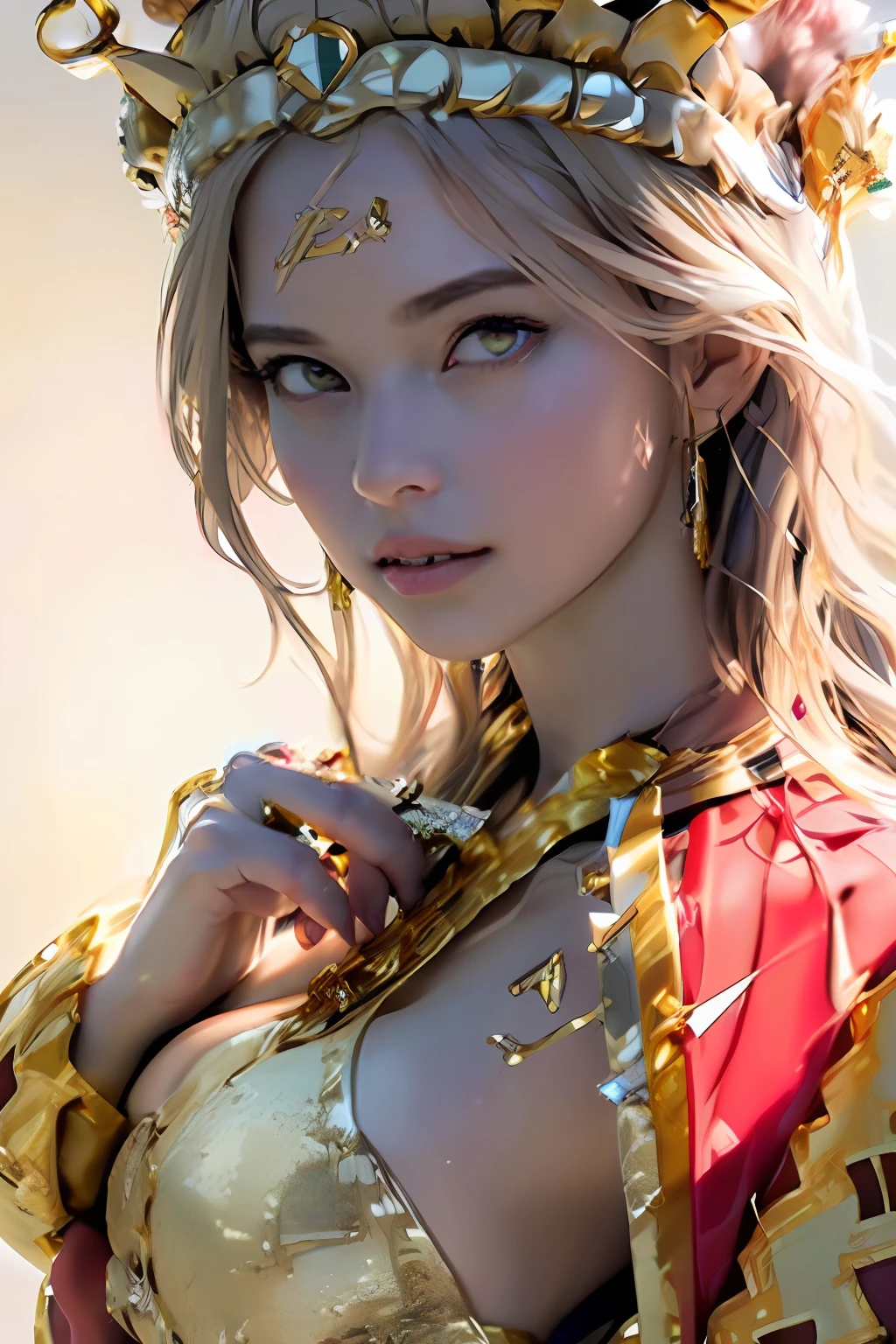 Ultra-detailed complex 3D rendering of the face, (masterpiece, top quality, octane rendering,), glamour shots, full body image, very beautiful young elves, cleavage, (highly detailed skin: 1.2), (exposure: 1.1), (((((gold micro bikini: 1.95)))). 40k, (((very soft breasts)), (((noticeable large pink areola)), beautiful Caucasian woman with full soft breasts and dark skin with big buttocks, one, long braided hair, big breasts, dynamic angle, (((huge breasts: 2.4)), ultra-realistic photos, ((((blonde))), futuristic urban background, facial muscles, (((((detailed and glamorous gold crown)))), In the style of Marvel Comics, ArtStation Trends, Clear Focus, Intricate Detail, Highly Detailed, Detailed Red Eyes, Very Detailed, Sharp Focus, Digital Rendering, Professional, Abs, Lip Gloss, Glossy Skin,