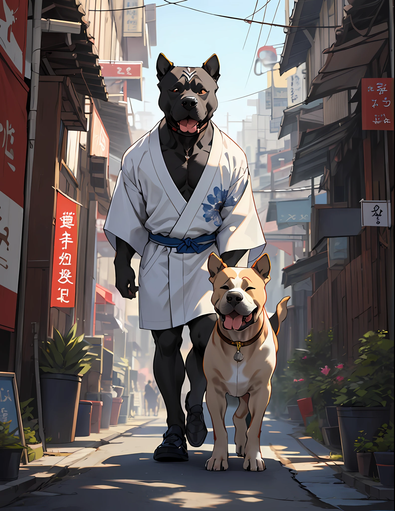 ((Bull terrier, chow chow , American bully,))  Angeldog, Bulldog, white kimono dress, walking, intricate detail, Futobot, intricate Greebles pieces, Golden city behind. 8k