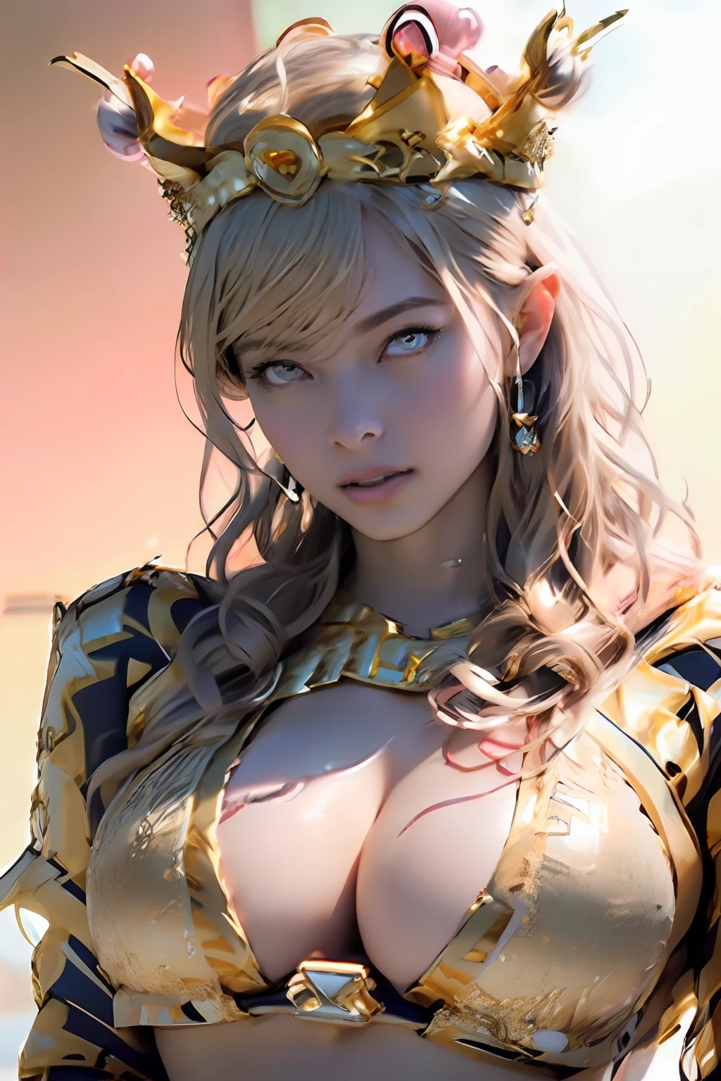 Ultra-detailed complex 3D rendering of the face, (masterpiece, top quality, octane rendering,), glamour shots, full body image, very beautiful young elves, cleavage, (highly detailed skin: 1.2), (exposure: 1.1), (((((gold micro bikini: 1.95)))). 40k, (((very soft breasts)), (((noticeable large pink areola)), beautiful Caucasian woman with full soft breasts and dark skin with big buttocks, one, long braided hair, big breasts, dynamic angle, (((huge breasts: 2.4)), ultra-realistic photos, ((((blonde))), futuristic urban background, facial muscles, (((((detailed and glamorous gold crown)))), In the style of Marvel Comics, ArtStation Trends, Clear Focus, Intricate Detail, Highly Detailed, Detailed Red Eyes, Very Detailed, Sharp Focus, Digital Rendering, Professional, Abs, Lip Gloss, Glossy Skin,