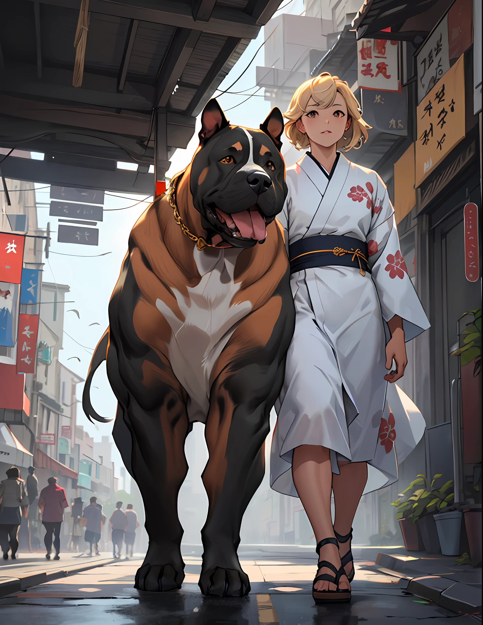 ((Bull terrier, chow chow , American bully,)) Angeldog, Bulldog, white kimono dress, walking, intricate detail, Futobot, intricate Greebles pieces, Golden city behind. 8k