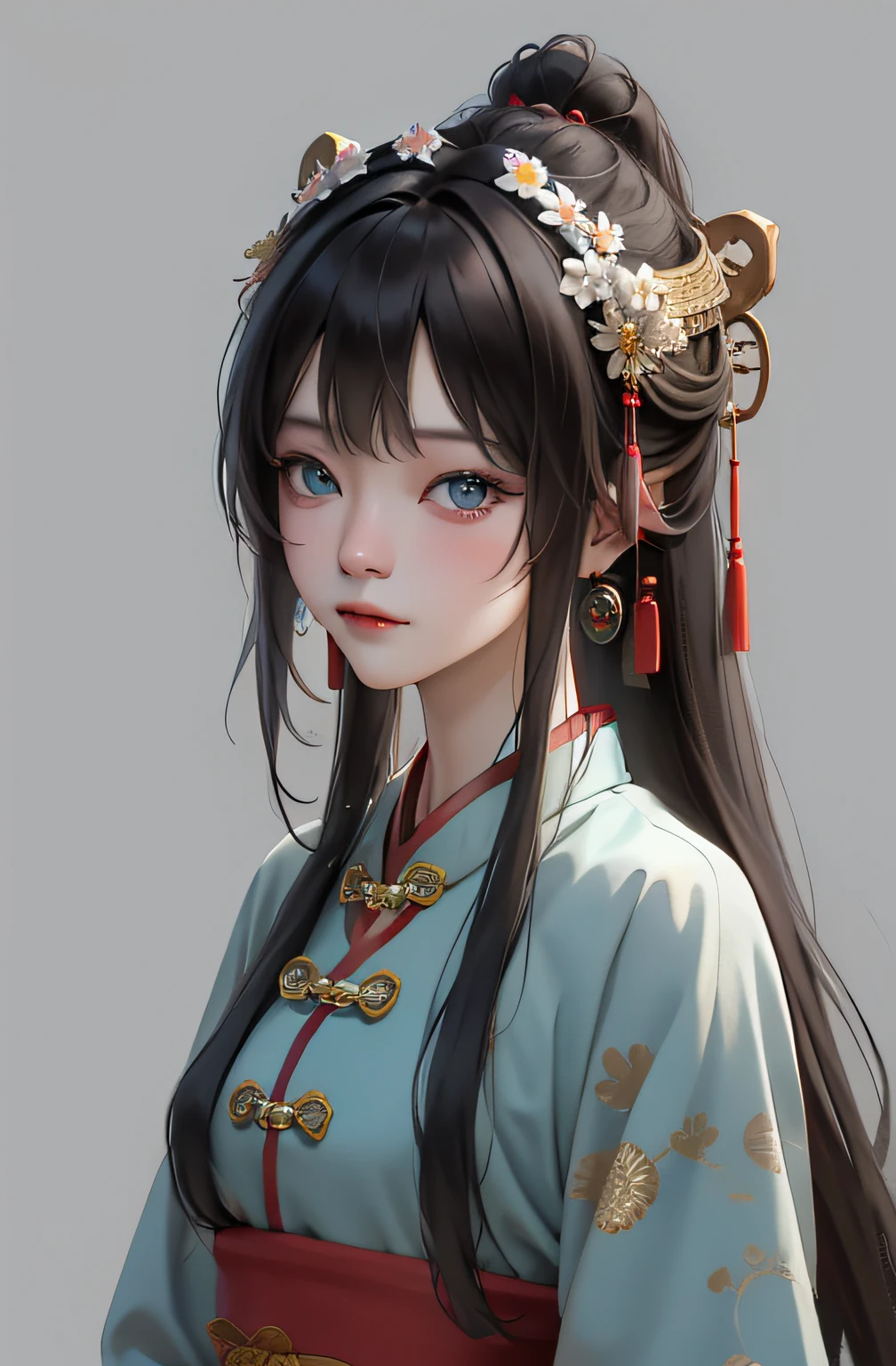 Best quality, masterpiece, black hair, blue eyes, head up, wearing traditional Chinese costume, (headdress 4.1), looking directly into the camera