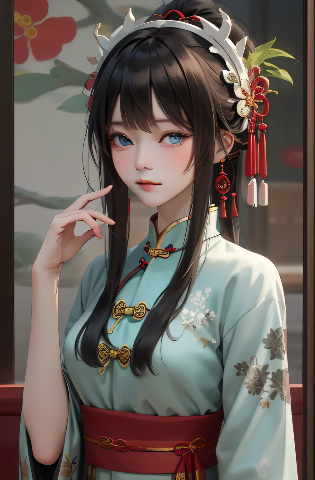 Best quality, masterpiece, black hair, blue eyes, head up, wearing traditional Chinese costume, (headdress 4.1), looking directly into the camera