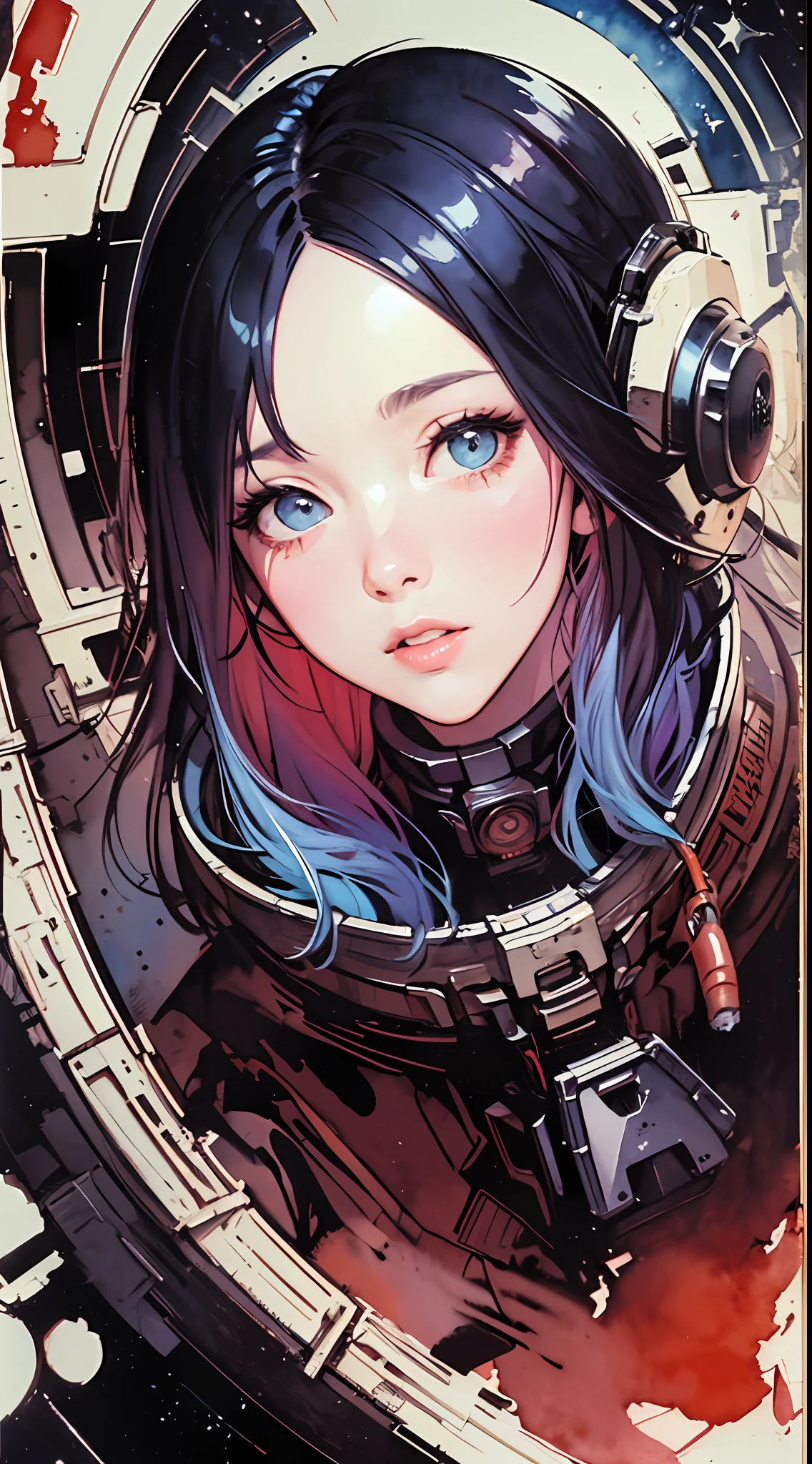 (masterpiece, top quality, best quality, extreme detailed, highest detailed, official art, beautiful and aesthetic:1.2), colorful, cowboy shot, beautiful face, solo, perfect body, 1girl, in space, spacecraft, spacesuit, sun rays, indoors, (wires and cables:1.1), (science fiction:1.2), porthole, illuminator, stars,fantasy, high contrast, ink strokes, explosions, over exposure, purple and red tone impression , abstract, ((watercolor painting by John Berkey and Jeremy Mann )) brush strokes, negative space,.