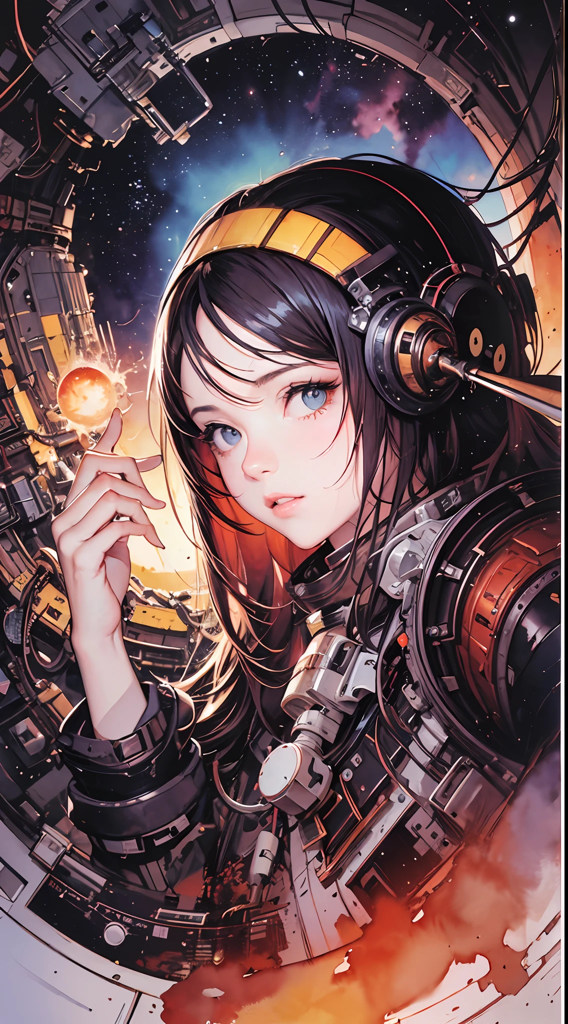 (masterpiece, top quality, best quality, extreme detailed, highest detailed, official art, beautiful and aesthetic:1.2), colorful, cowboy shot, beautiful face, solo, perfect body, 1girl, in space, spacecraft, spacesuit, sun rays, indoors, (wires and cables:1.1), (science fiction:1.2), porthole, illuminator, stars,fantasy, high contrast, ink strokes, explosions, over exposure, purple and red tone impression , abstract, ((watercolor painting by John Berkey and Jeremy Mann )) brush strokes, negative space,.