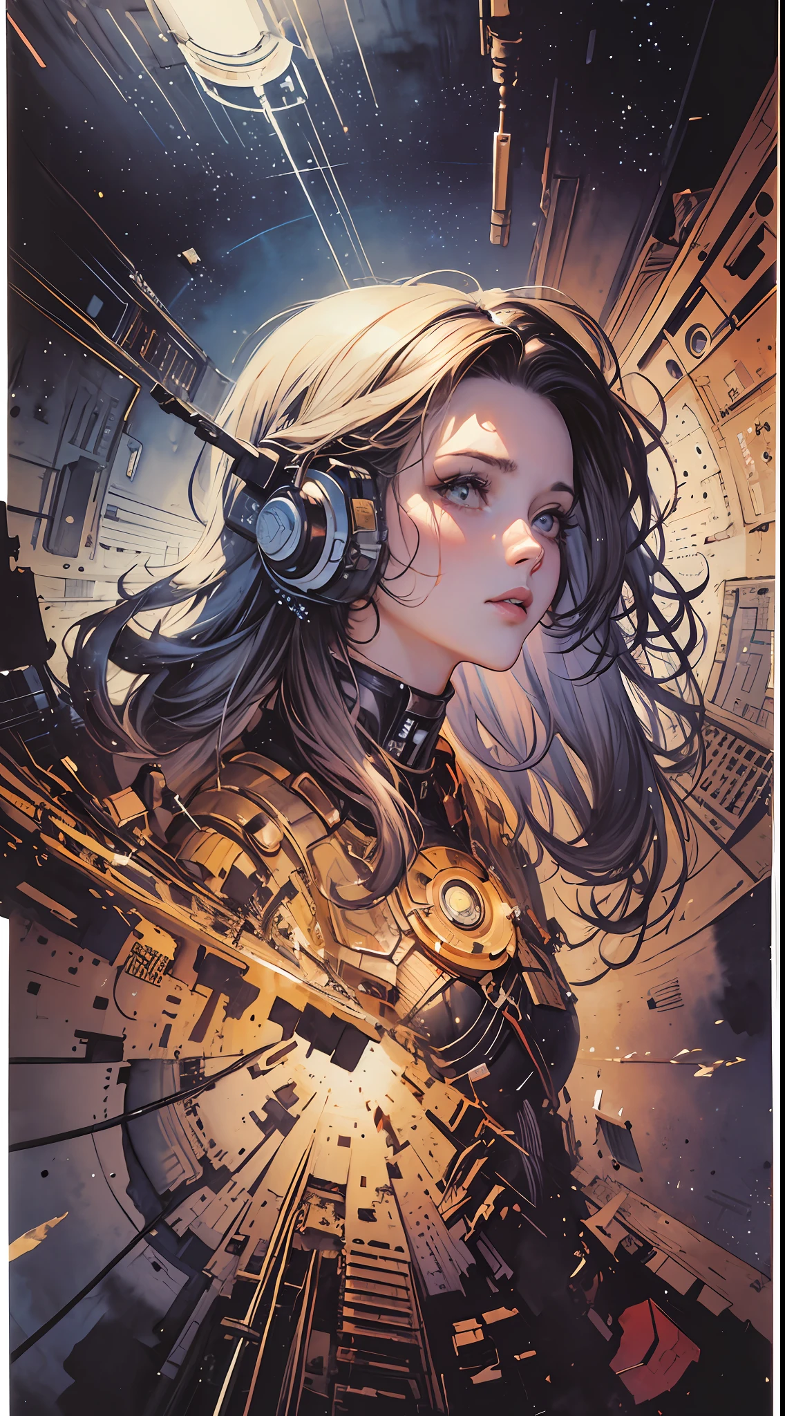 (masterpiece, top quality, best quality, extreme detailed, highest detailed, official art, beautiful and aesthetic:1.2), colorful, cowboy shot, beautiful face, solo, perfect body, 1girl, in space, spacecraft, spacesuit, sun rays, indoors, (wires and cables:1.1), (science fiction:1.2), porthole, illuminator, stars,fantasy, high contrast, ink strokes, explosions, over exposure, purple and red tone impression , abstract, ((watercolor painting by John Berkey and Jeremy Mann )) brush strokes, negative space,.