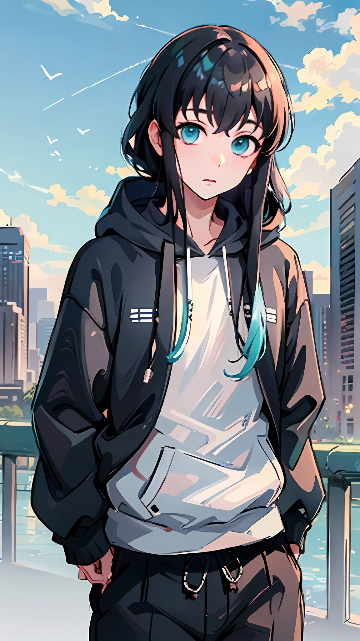 (masterpiece) (best quality) (shiny hair) (shiny skin), BEST QUALITY, (1boy:1), Solo, Long hair, View viewer, Bangs, Black hair, Aqua eyes, Multicolored hair, Tokito_Muichirou, Men's focus, Athletic wear, During exercise, jersey, hooded hoodie, sportswear, spats,