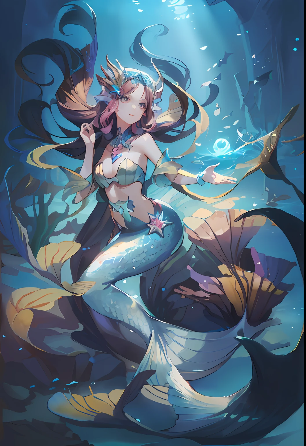 A beautiful mermaid, hands stroking her hair, leisurely frolicking at the bottom of the sea. Game illustration style