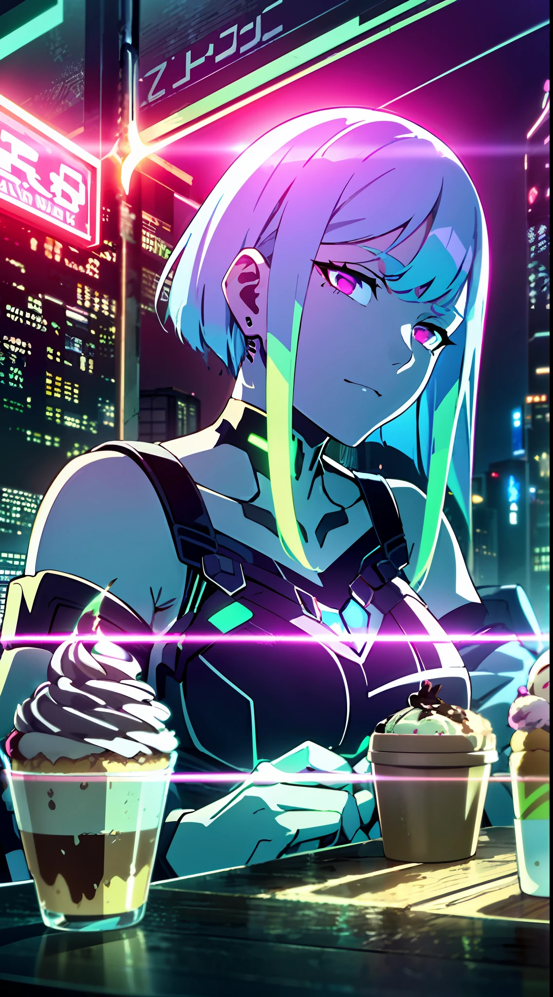 (masterpiece, detailed, high resolution:1.4), cyberpunk, cyberpunk 2077, cyberpunk night city neon background, café, ice cream, coffee, cupcake, metal cybernetic silver hand in the foreground in the frame, green-blue glitch effect around the hand, purple-pink neon glow, lucy, torso, fluorescent yellow, light green, purple, mint