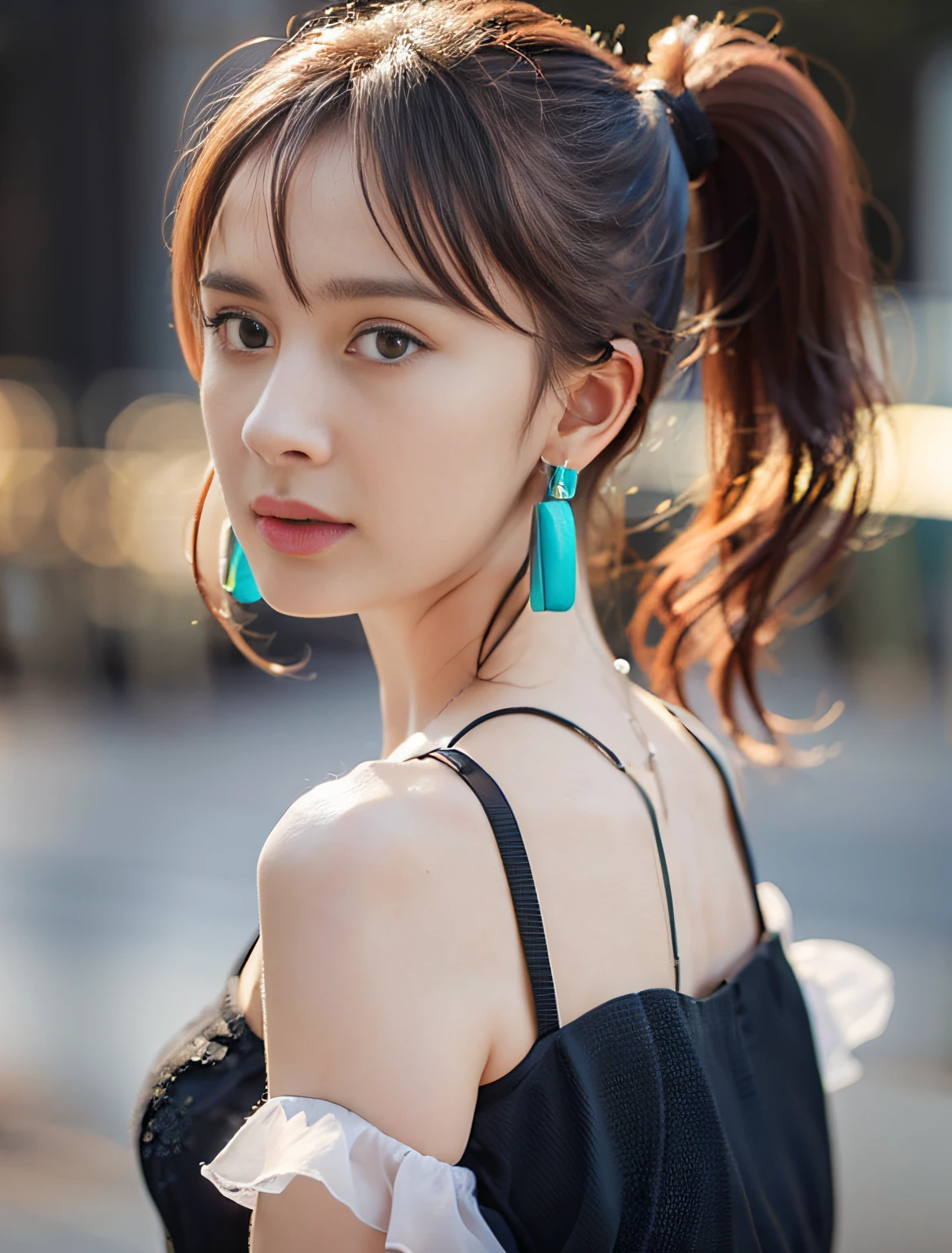 yangmi,mimi,random pose, (very delicate and beautiful piece), (masterpiece), a girl, (schoolgirl: 1.2), high resolution, waistline, twisted ponytail, charming expression, beautiful clear eyes, green pupils, delicate earrings, fairy-like ears, simple blurred background, very detailed description, beautiful face, delicate figure, thin collarbone, beautiful lips, soft back view, mix4, (8K, RAW photo, top quality, masterpiece: 1.2), (Realistic, Realistic: 1.37), A Girl, Cute, Cityscape, Night Rain, Professional Lighting, Photon Mapping, Teleportion, Physically Based Rendering, (Shiny Skin: 1.2)