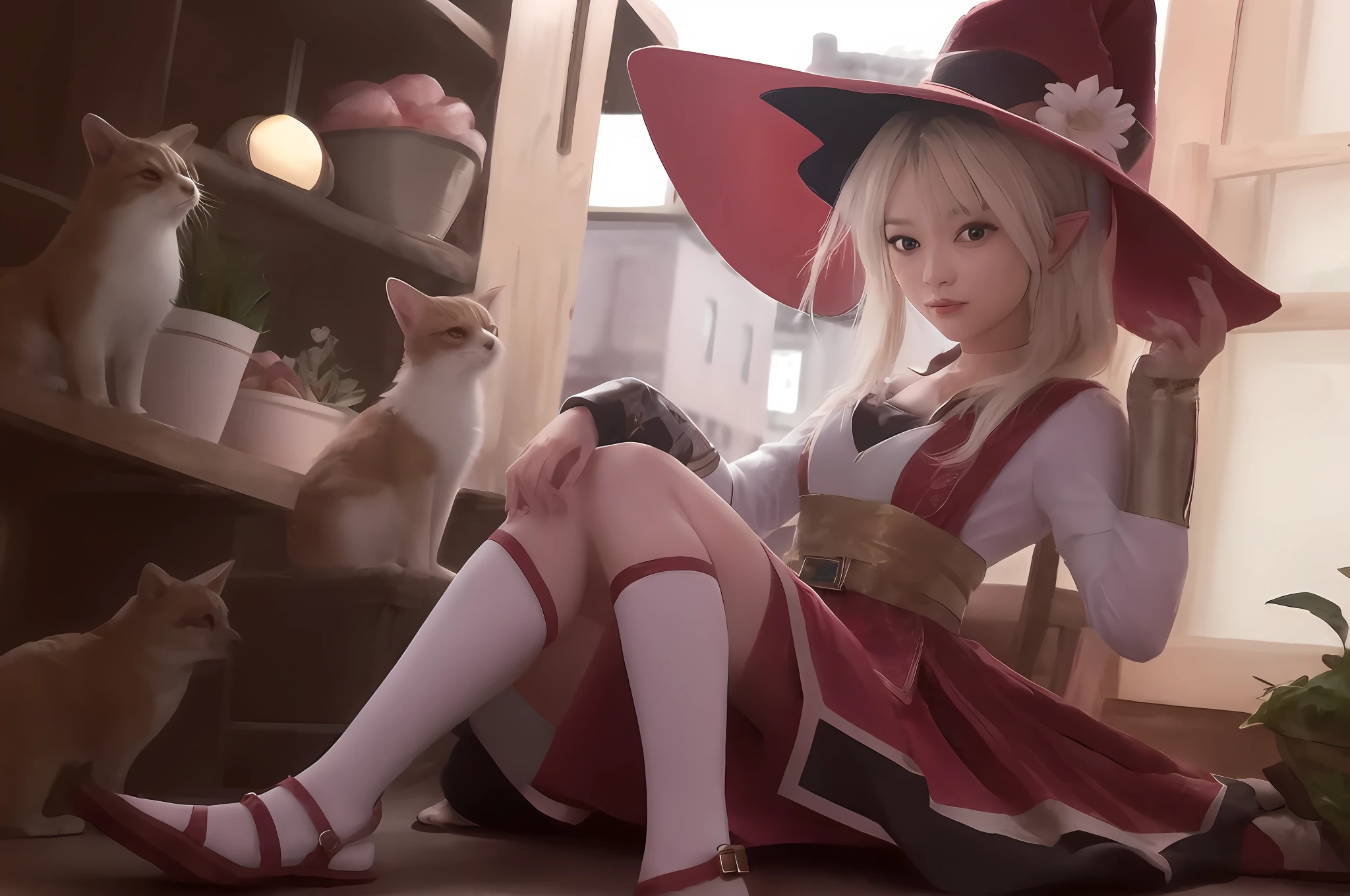 8K, real person, real scene, textured skin, cute meat toot round face girl, gorgeous costume, gorgeous scene, elf ears