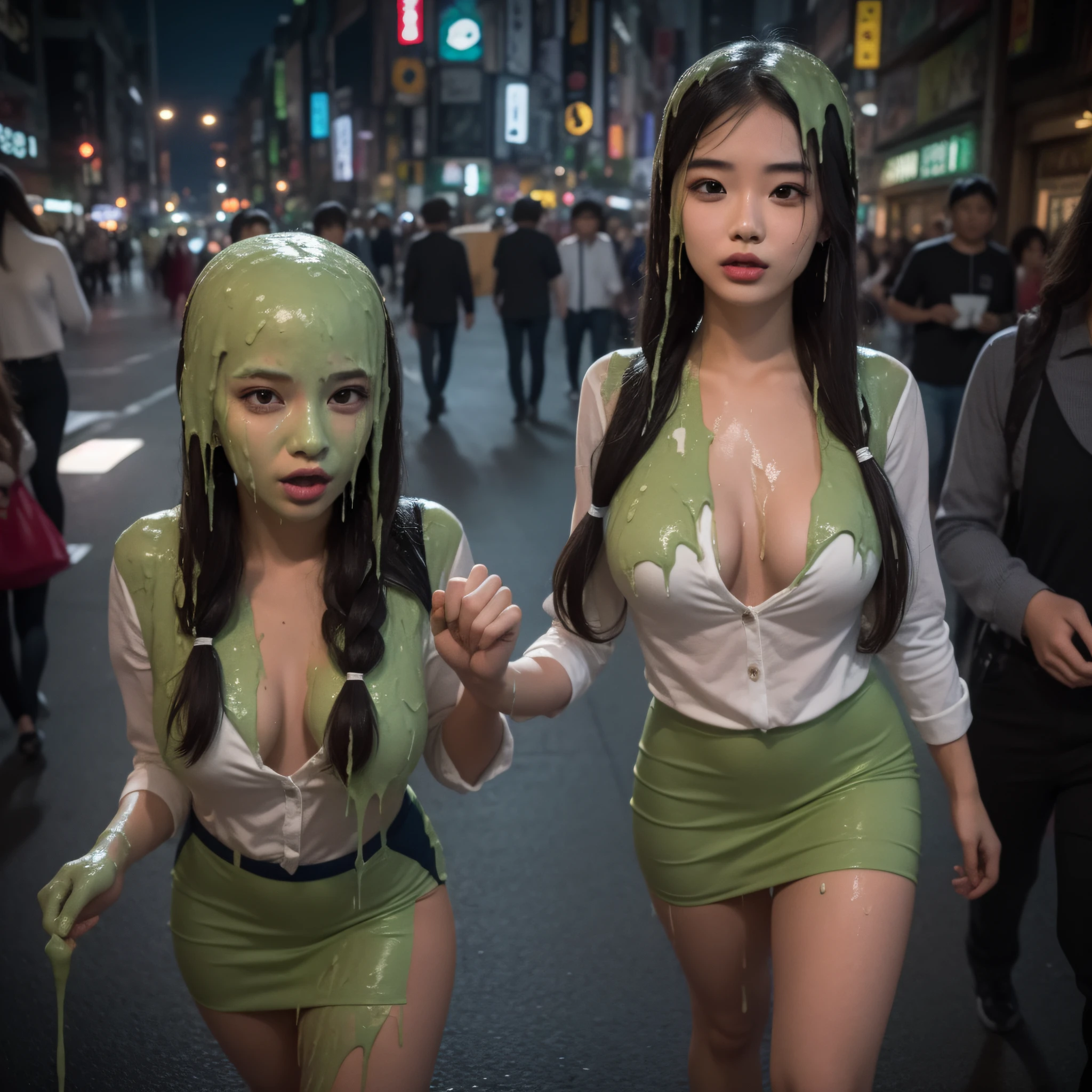 (21-year-old Chinese model: 1.1), 1 girl, Catholic school uniform, walking at night, Tokyo, lens flairs, portrait photography, lipstick, long eyelashes, thick eyeliner, delicate face, delicate eyes, double eyelids, (pigtails: 1.1), cleavage, full body, (sludge dripping down head: 1.6), (sludge dripping down hair: 1.2), sludge drips down body, 8K, HD, masterpiece, hyper realistic