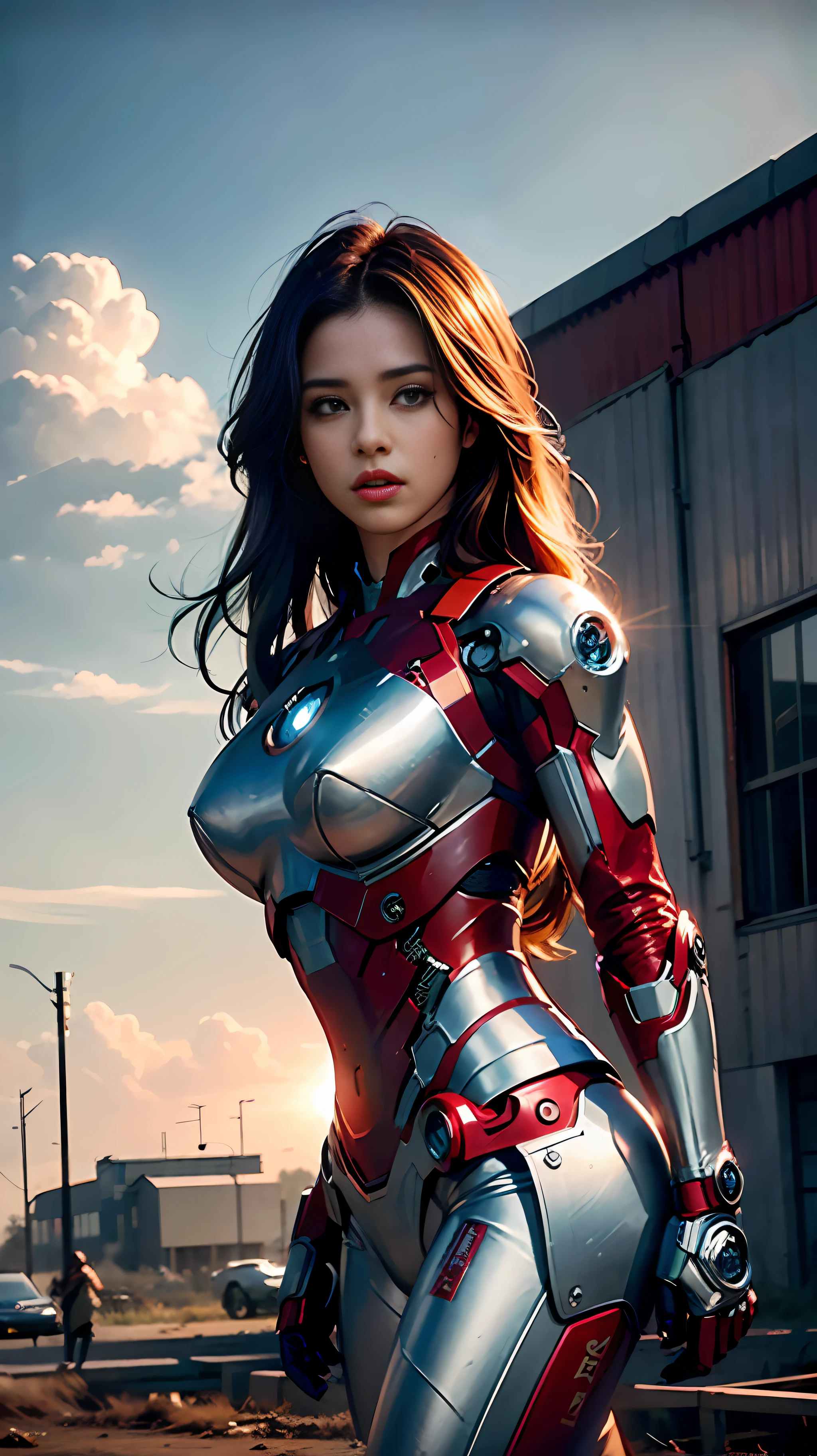 8k, realistic, attractive, highly detailed, a 20 year old girl a sexy and attractive woman inspired by Iron Man wearing a shiny Iron Man mech. She dresses with sexiness and confidence, perfectly interpreting Iron Man&#39;s strength and charisma. The abandoned warehouse serves as a backdrop, creating a unique atmosphere that highlights her bravery and perseverance. The cloudy sky adds a sense of tension and mystery to the whole scene. This high-definition, high-quality picture will bring you a shocking visual experience. The detailed abandoned warehouse and shiny mechs will keep your eyes on you. oc rendering, dramatic lighting, award winning quality