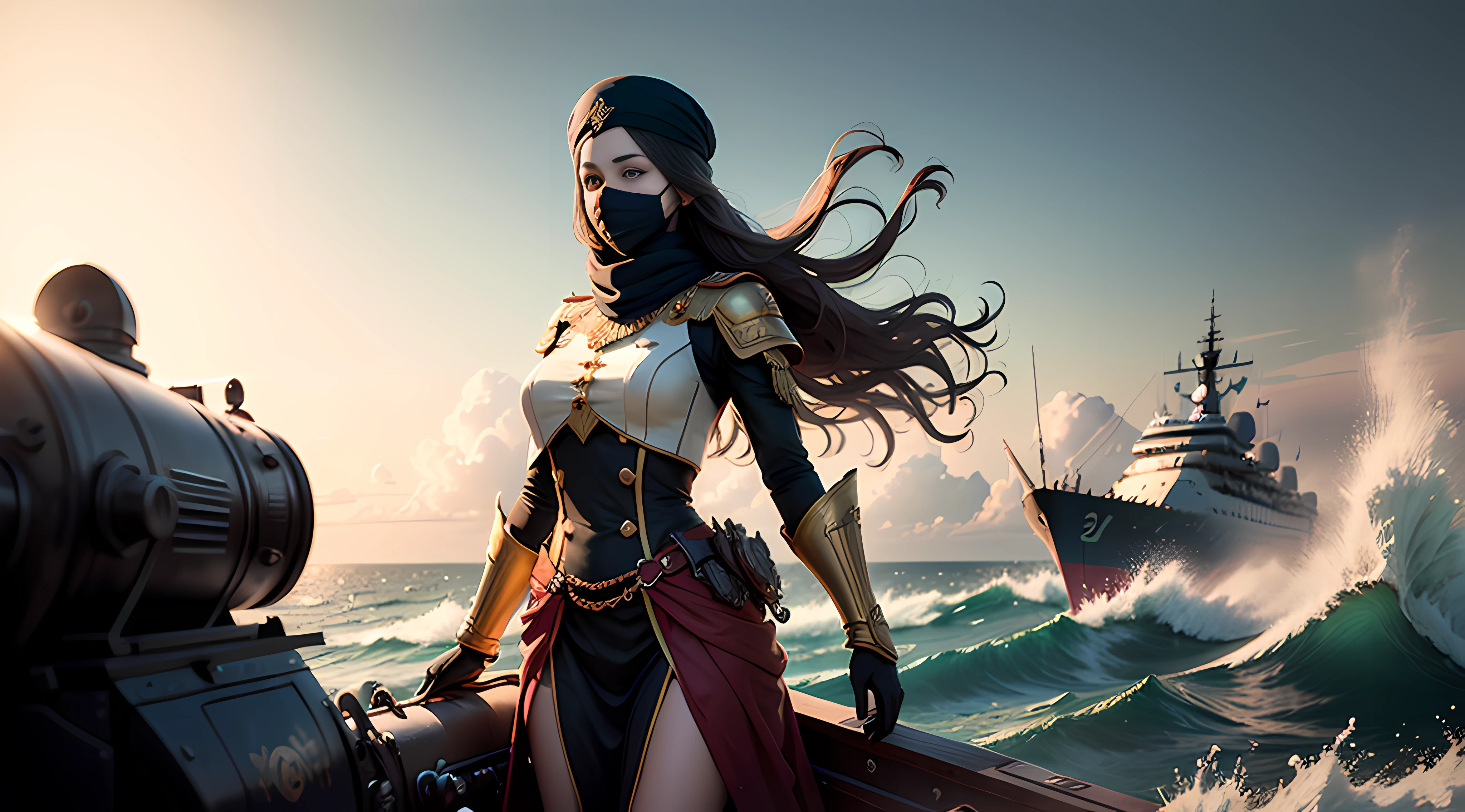 panorama, portrait, realism, blue sky and sea, 1girl,, Ottoman style luxury naval military dress, gold decoration, arabesque tight turban, European silk scarf, mask mask, face with gold encrusted black mask, standing on the deck of a warship, facing the audience, next to another armored cruiser in the sea, a large number of artillery, majestic, traveling in the ocean, chopping waves, perfect composition, professional, meistwick, commissioned, best quality, color correction, post-restoration, retouching, improvement, idyllic, tone mapping, detail, high detail, digital painting, art station, concept art by hamba, smoothness, sharp focus, beautiful illustration, photograph, backlight, dynamic lighting, fog, complex, cinematic particles, professional, facing the audience, all masked faces, (beautiful m3d_woman, perfect m3d_face, ,、 ,、 ,), volumetric lighting, underground scattering, good highlights, good shadows, film --auto