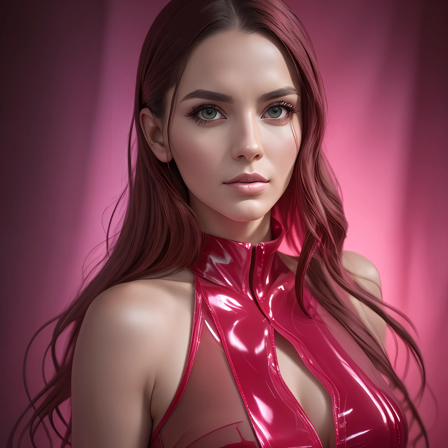 a RAW photography, shot on Hasselblad X1D-50c, ISO 100, surreal fashion photography, portrait of a 35-year-old woman chest-deep, detailed face, avant-garde fashion in red translucent flowing fabrics, overhead fabric, telephoto, studio lighting, 4k, canon eos r3