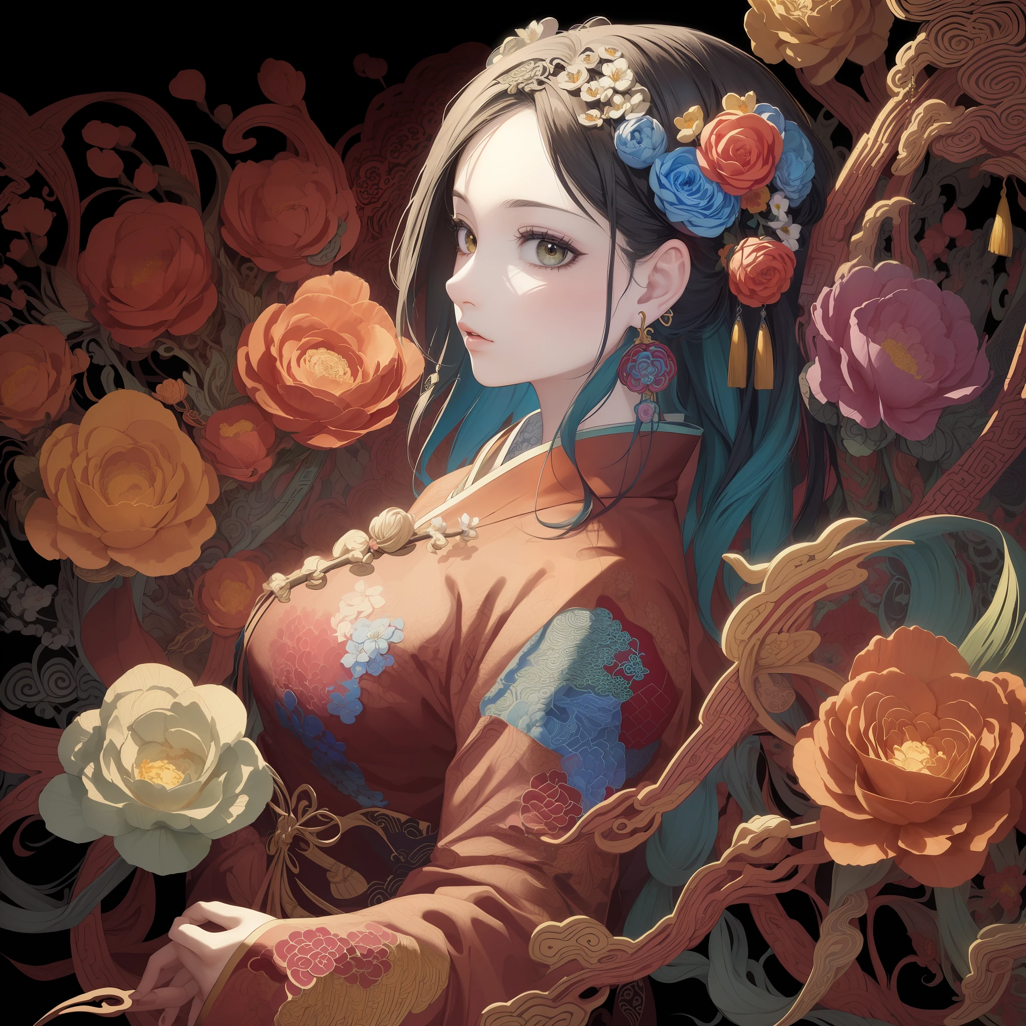 (masterpiece, top quality, best quality, official art, beautiful and aesthetic:1.2), (girl:1.3), extremely detailed,(fractal art:1.1),(colorful:1.1)(flowers:1.3),highest detailed,(zentangle:1.2), (dynamic pose), (abstract background:1.3), (chinese Traditional cloth:1.2), (shiny skin), (many colors:1.4), ,(earrings:1.4),