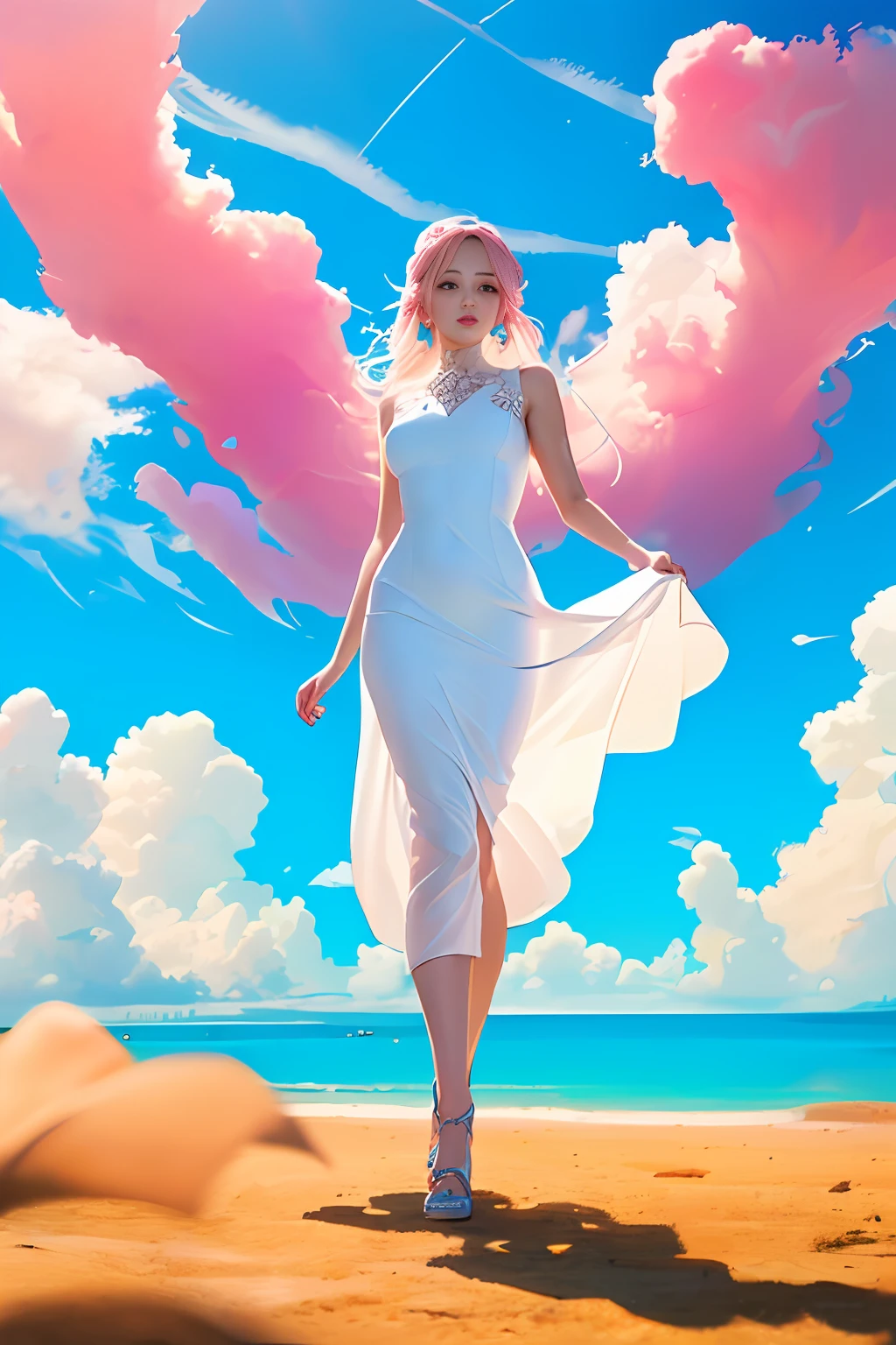 (8k, RAW photo, photorealistic:1.25) ,( lip gloss, eyelashes, glossy side, shiny skin, best quality, ultra high resolution, depth of field, chromatic aberration, caustics, wide light, natural shadow, headwear, Kpop idol) , light pink and blue style, 1girl, (blue sky: 1.5), tall and thin beauty goddess, flowing dress, conservative girl, cloud goddess, flowing white fabric, wearing a flowing dress, Super long dress, fantasy, (background with blue sky and white clouds: 1.4), (wind: 1.5), (full body: 1.5), add_detail,