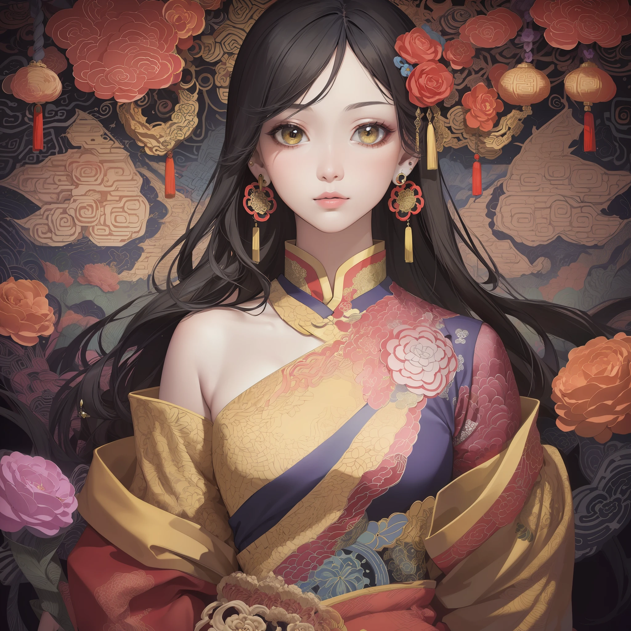 (masterpiece, top quality, best quality, official art, beautiful and aesthetic:1.2), (girl:1.3), extremely detailed,(fractal art:1.1),(colorful:1.1)(flowers:1.3),highest detailed,(zentangle:1.2), (dynamic pose), (abstract background:1.3), (chinese Traditional cloth:1.2), (shiny skin), (many colors:1.4), ,(earrings:1.4),