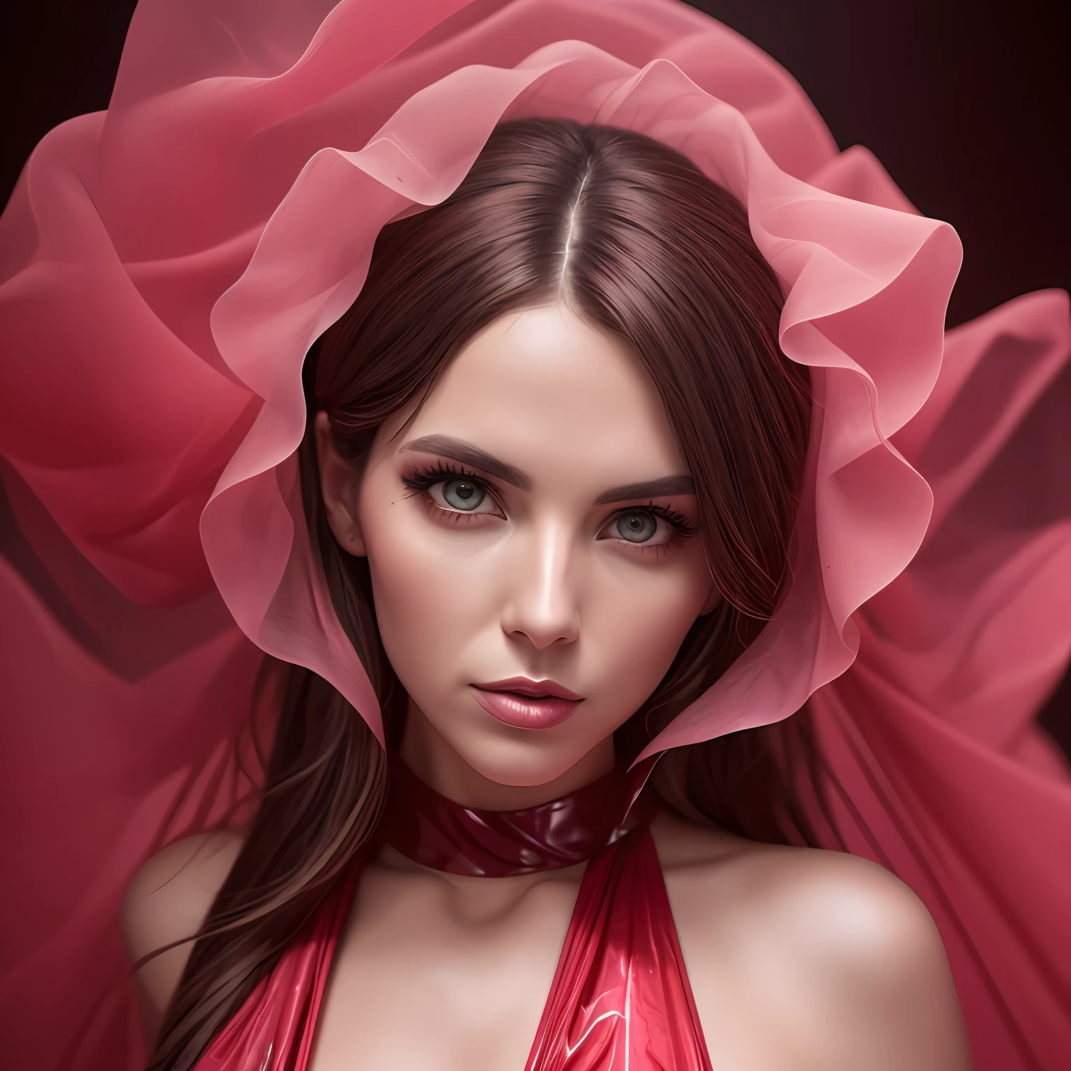 a RAW photography, shot on Hasselblad X1D-50c, ISO 100, surreal fashion photography, portrait of a 35-year-old woman chest-deep, detailed face, avant-garde fashion in red translucent flowing fabrics, overhead fabric, telephoto, studio lighting, 4k, canon eos r3