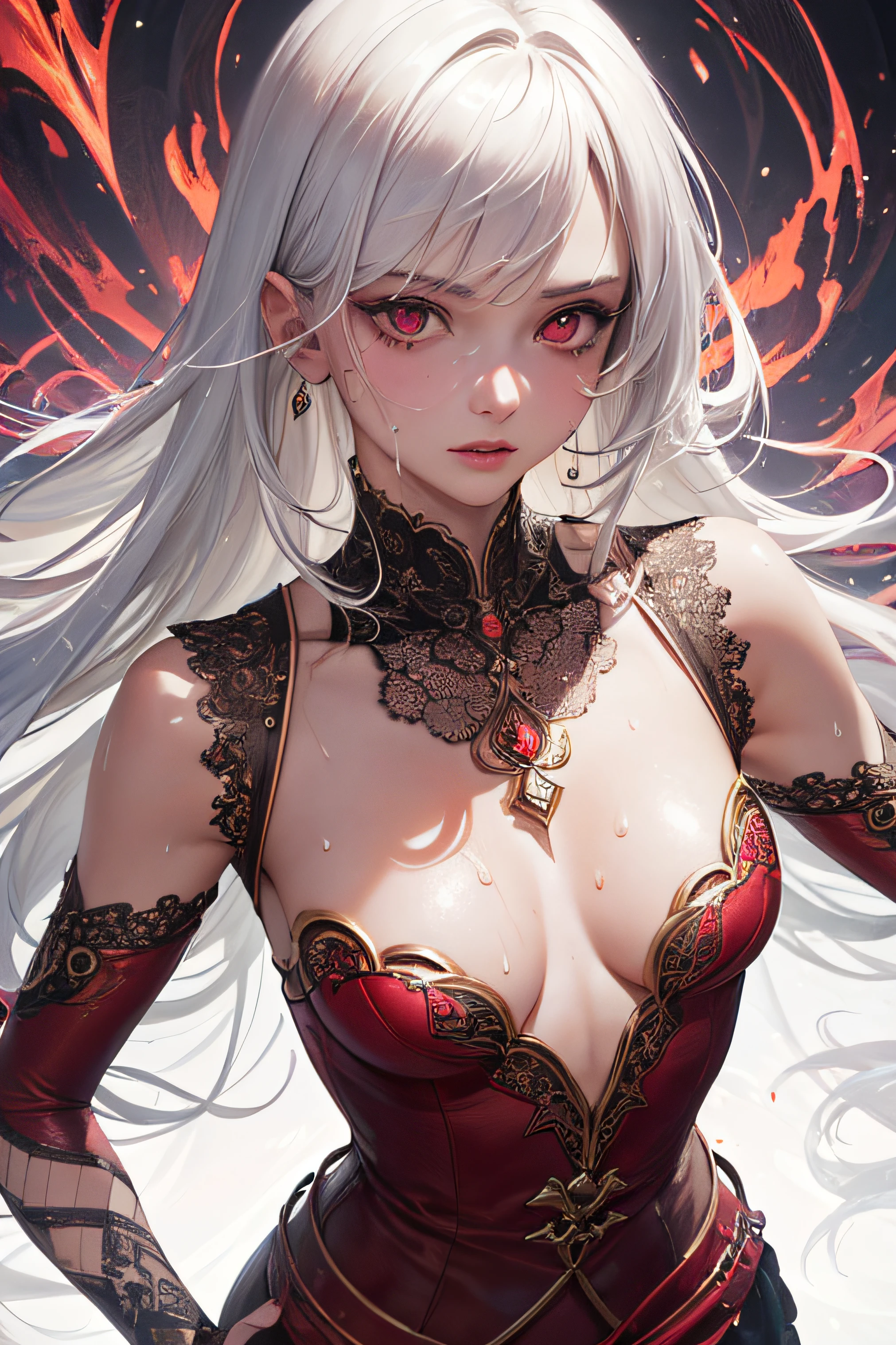 (masterpiece, top quality, best quality, official art, beautiful and aesthetic:1.2), (1girl:1.3), (fractal art:1.3),absurd, masterpiece, best quality, realistic, hyper-detailed, (shiny skin, sweaty:1.4), looking at viewer, slender, 1girl, solo,  white sneakers, white miniskirt, straight long hair, princess cut, purple hair, red eyes, (thick thighs:0.5), dynamic lighting, high resolution, sharp focus, depth of field, small breasts,vampire,  masterpiece, best quality, ultra-detailed, illustration, ultra-detailed face, best quality face, evil, 30 years old, adult, 1girl, 30 years old,  no human, white hair, alchemy outfit, intricate detailed outfit, sexy pose, glowing red dress