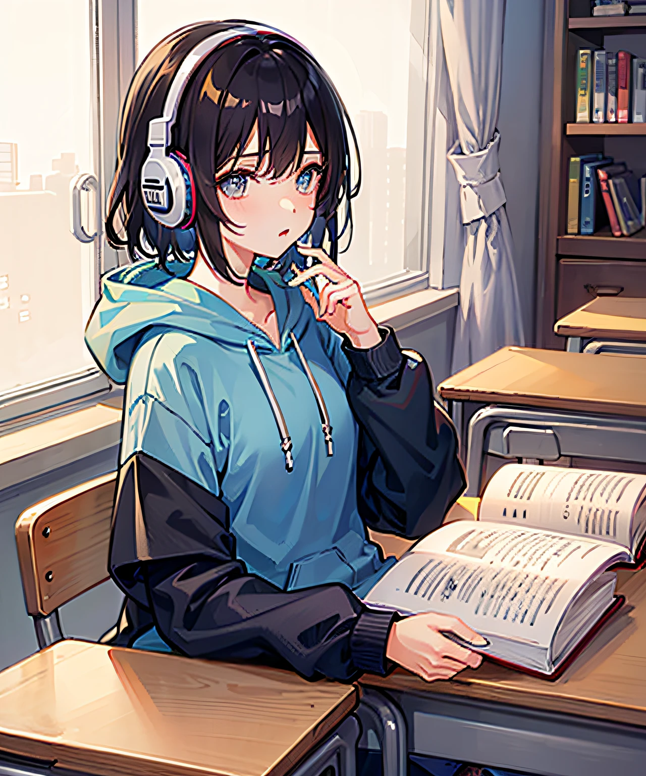 Masterpiece, 1girl, shut up, solo, incredibly ridiculous, rainbow hoodies, headphones, classrooms, desks, holding books, studying, thinking,
