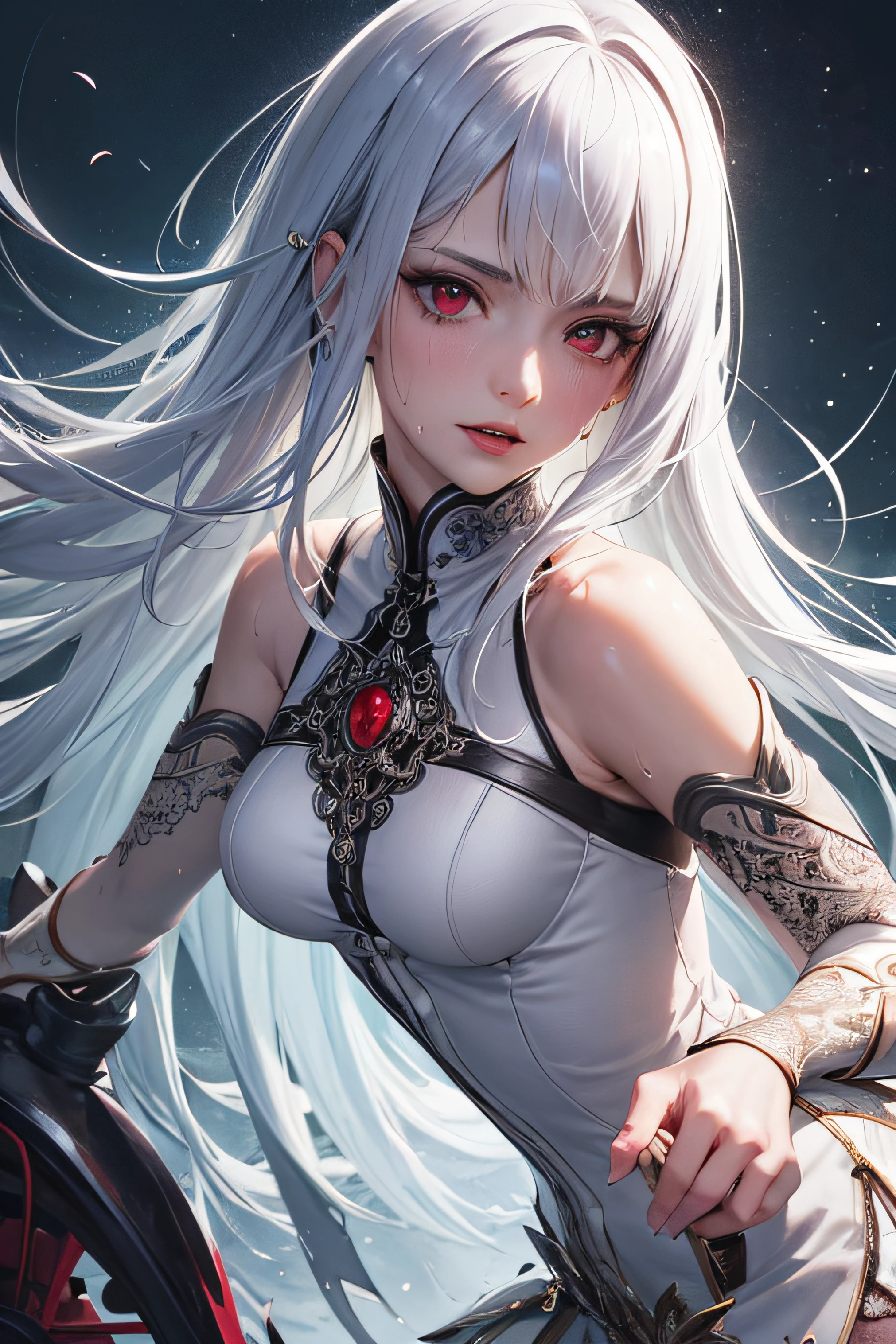 (masterpiece, top quality, best quality, official art, beautiful and aesthetic:1.2), (1girl:1.3), (fractal art:1.3),absurd, masterpiece, best quality, realistic, hyper-detailed, (shiny skin, sweaty:1.4), looking at viewer, slender, 1girl, solo,  white sneakers, white miniskirt, straight long hair, princess cut, purple hair, red eyes, (thick thighs:0.5), dynamic lighting, high resolution, sharp focus, depth of field, small ???????,vampire,  masterpiece, best quality, ultra-detailed, illustration, ultra-detailed face, best quality face, evil, 30 years old, adult, 1girl, 30 years old,  no human, white hair, alchemy outfit, intricate detailed outfit, ???? pose, glowing red dress