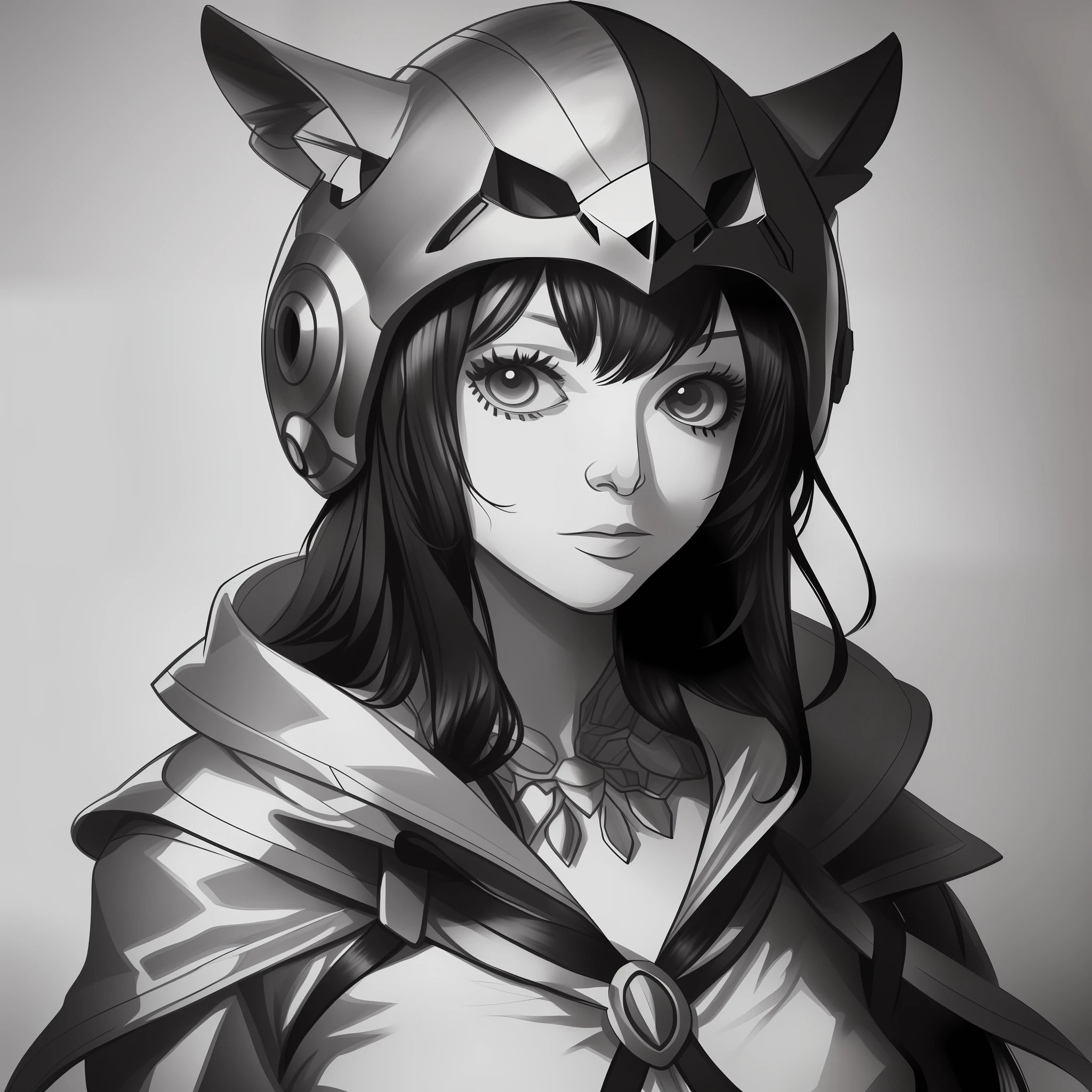 Woman with animal skull helmet, monochrome woman, pencil drawing, sketch