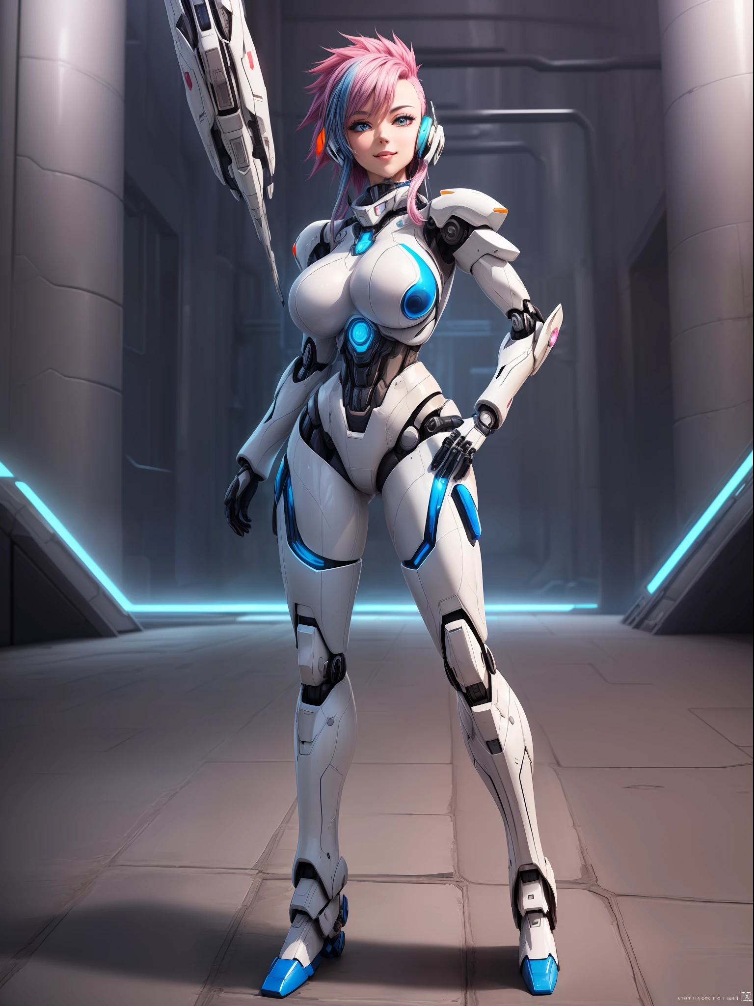 ((Full body/standing):2) {((Only 1 woman):1.2)}: ((Wearing white mecha suit with blue parts, extremely tight on the body):1.5), has ((extremely large breasts): 1.2), only she has ((pink mohawk hair, blue eyes):1.2), is ((leaning against the wall, doing erotic pose for the viewer, smiling)). \n Background:((in a futuristic dungeon full of giant robots):1.5). anime, anime style, 16k, high resolution, ((best quality, high detail: 1.3)), UHD, ((masterpiece))