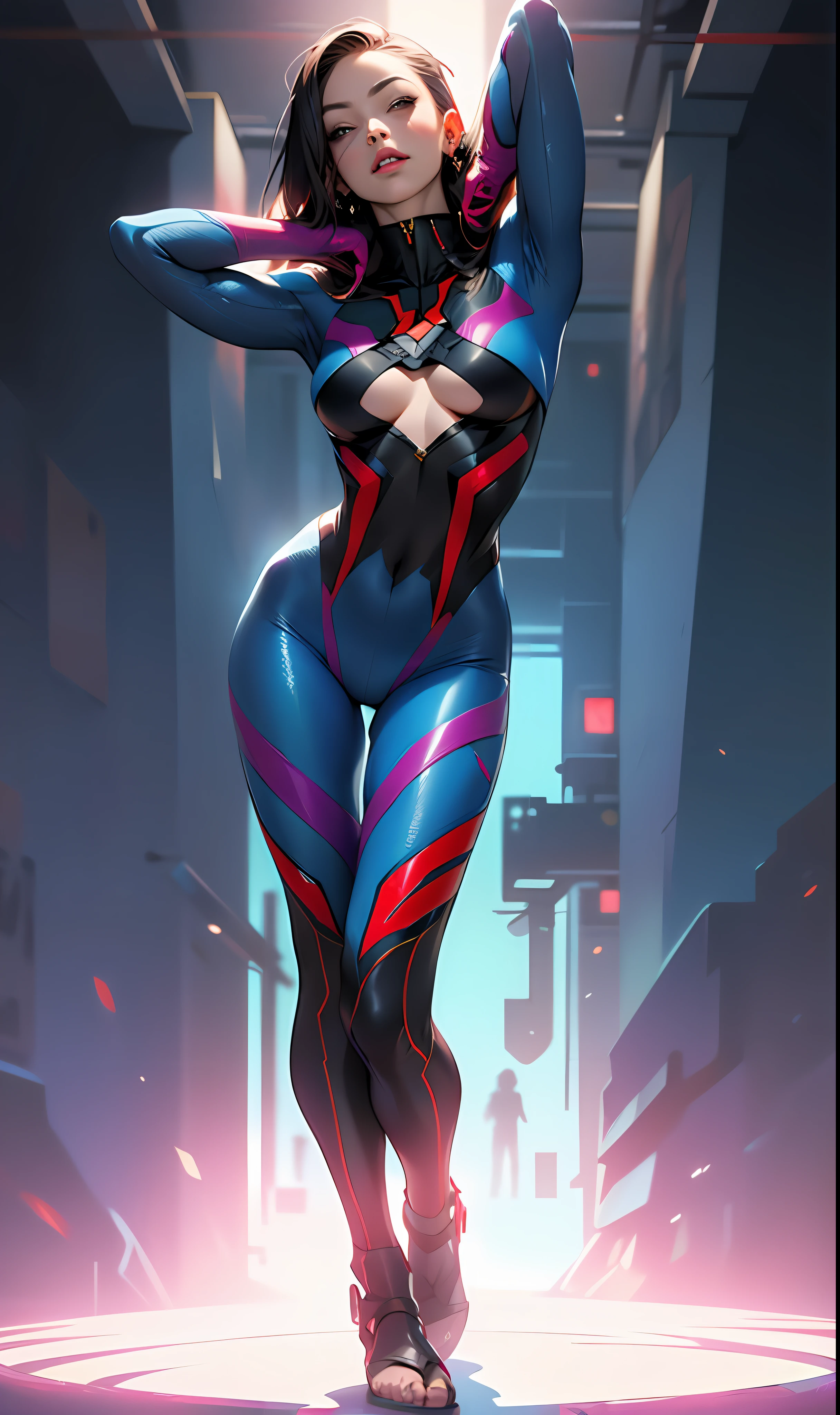 Arafed woman in a bodysuit with a red and blue design, Zenkai full body! Asuka suit, Asuka suit under clothes!, psylocke, tight suits, professional body painting, spider woman, superhero body, cyberpunk bodysuit, body painting, body painting, asuka, misaki jury