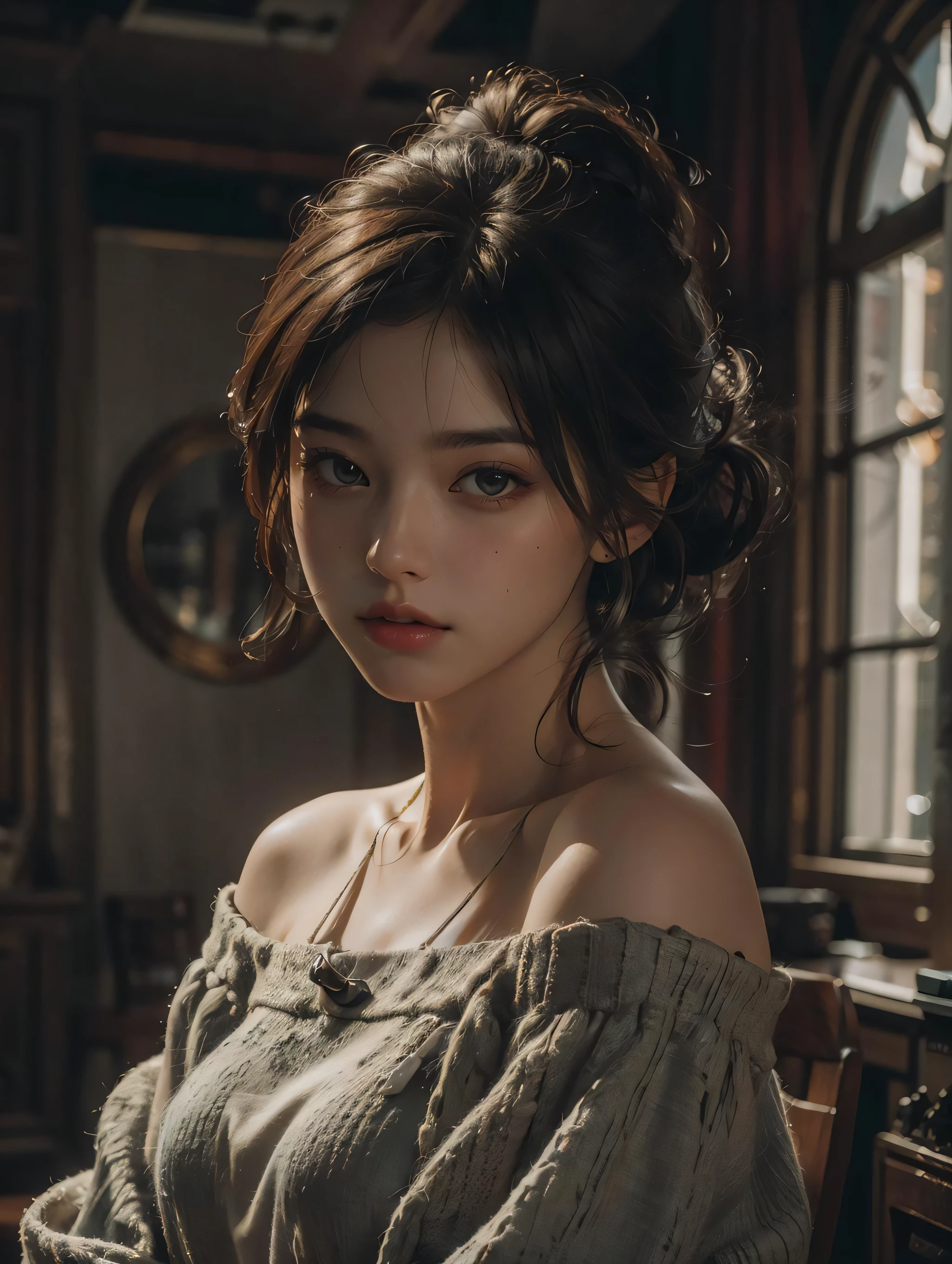 Best quality, masterpiece, ultra high res, (photorealistic:1.4), raw photo, 1girl, off shoulder, cinematic lighting