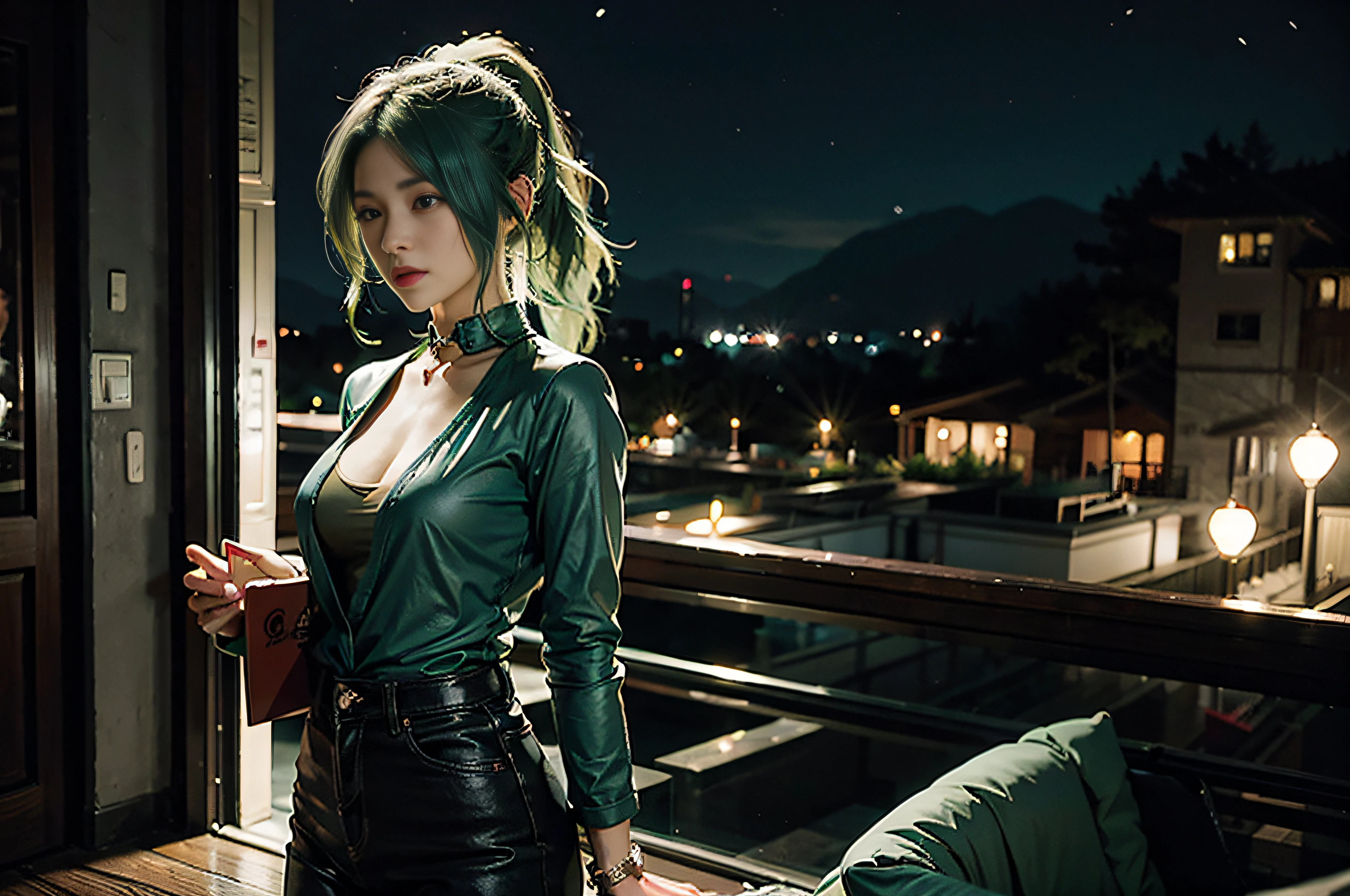 cleavage, nighttime, green hair, ponytail