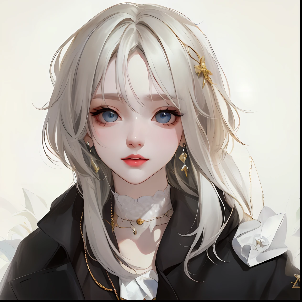 anime girl with long white hair and blue eyes wearing a black jacket, artwork in the style of guweiz, guweiz on pixiv artstation, detailed portrait of anime girl, guweiz on artstation pixiv, guweiz, beautiful anime portrait, kawaii realistic portrait, portrait anime girl, girl with white hair, by Yang J