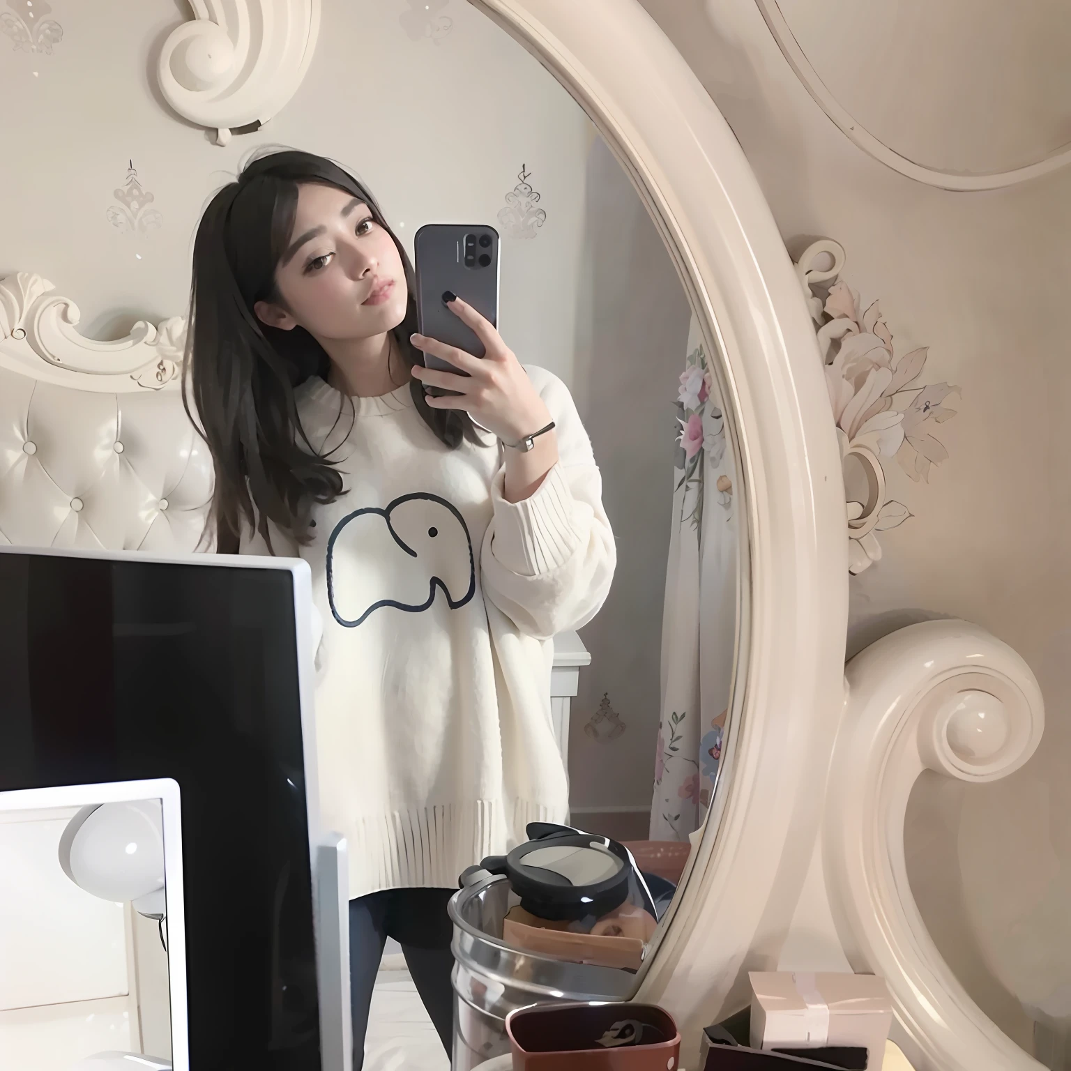 there is a woman taking a selfie in front of a mirror, ulzzang, ( ivory black ), ruan cute vtuber, 19-year-old girl, profile pic, 😭 🤮 💕 🎀, white sweater, dilraba dilmurat, 🪔 🎨;🌞🌄, with a long white