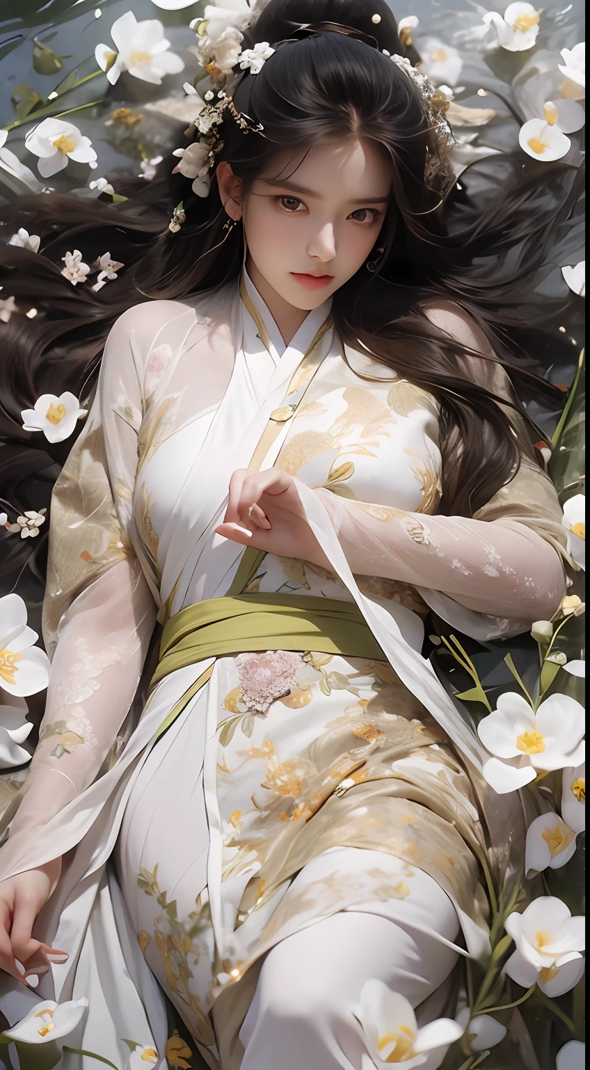 Best Quality, Masterpiece, Ultra High Resolution, (Realism: 1.4), Original photo, Upper body close-up, 1 girl, radiant skin, faint smile, yellow hanfu, dynamic pose, surrounded by water and flames, flying flames, lying in the lake, white flowers, detail details, photography, CG, HDR, overlook
