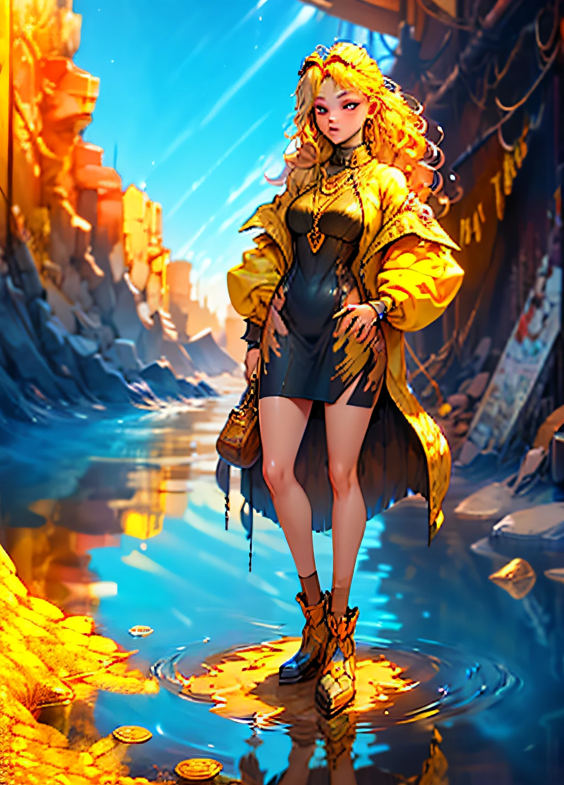 Full body shot, illustration, film light, fantasy, highest quality, super detailed, best quality, masterpiece, (detailed face), tall sexy mature woman, dress made of gold coins chained together, glowing quicksand, floating embers Crystals, golden hair accessories, metal that reflects sunlight, (body focal length: 1.25), clear blue sky, desert ocean in the background, long curly hair, golden eyes, magic, darkness, light reflection