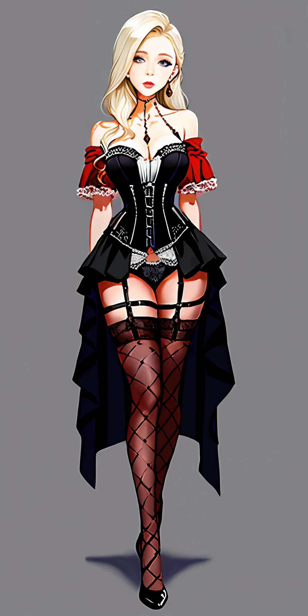 [black:aqua:0.65] theme, masterpiece, a girl's masterpiece, detailed visual art, blue eyes, light blonde hair, long hair, collarbone, royal princess, elegant, gorgeous quinceanera corset, corset piercing, detailed layered skirt, [detailed frills: 0.1], [frilled dress: 0.1], embroidery, [details princess dress: 0.1], off-the-shoulder, big breasts: 1.3, open crotch, thigh seam, garter belt, groin, [NSFW|uncensored], (simple background: 1.1), low-winged, full-body