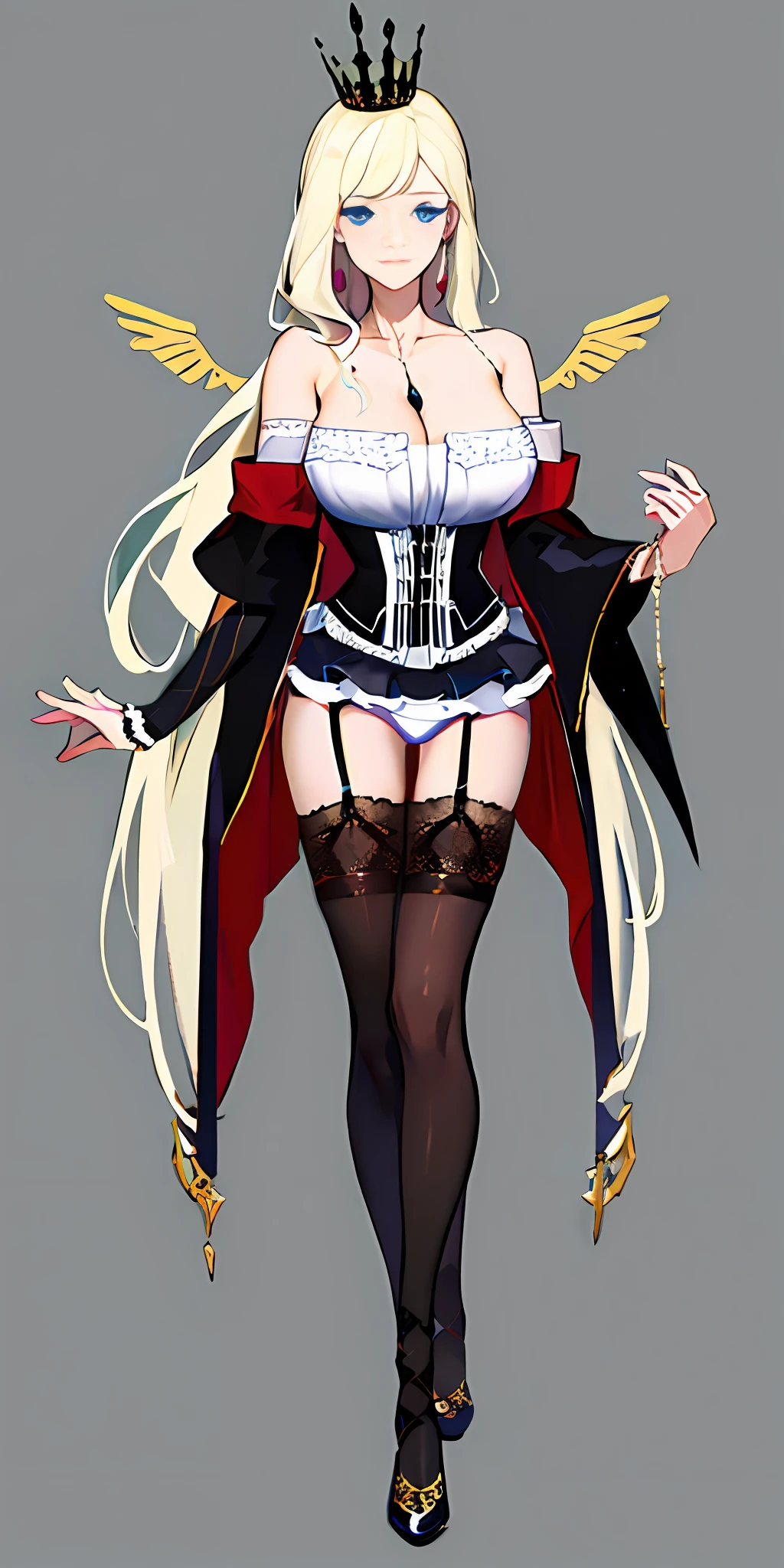 [black:aqua:0.65] theme, masterpiece, a girl's masterpiece, detailed visual art, blue eyes, light blonde hair, long hair, collarbone, royal princess, elegant, gorgeous quinceanera corset, corset piercing, detailed layered skirt, [detailed frills: 0.1], [frilled dress: 0.1], embroidery, [details princess dress: 0.1], off-the-shoulder, big breasts: 1.3, open crotch, thigh seam, garter belt, groin, [NSFW|uncensored], (simple background: 1.1), low-winged, full-body