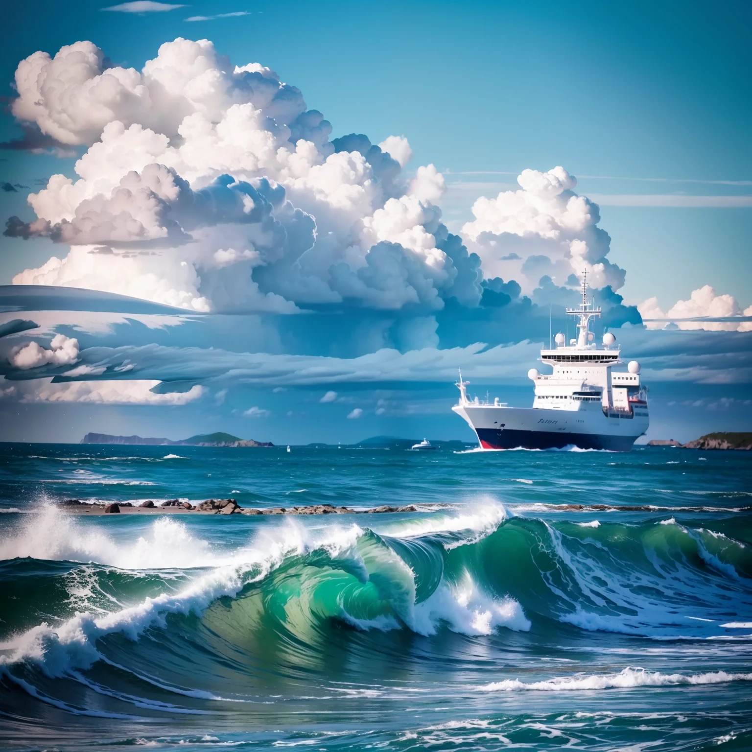 seascape waves and ship in ocean clouds storm
