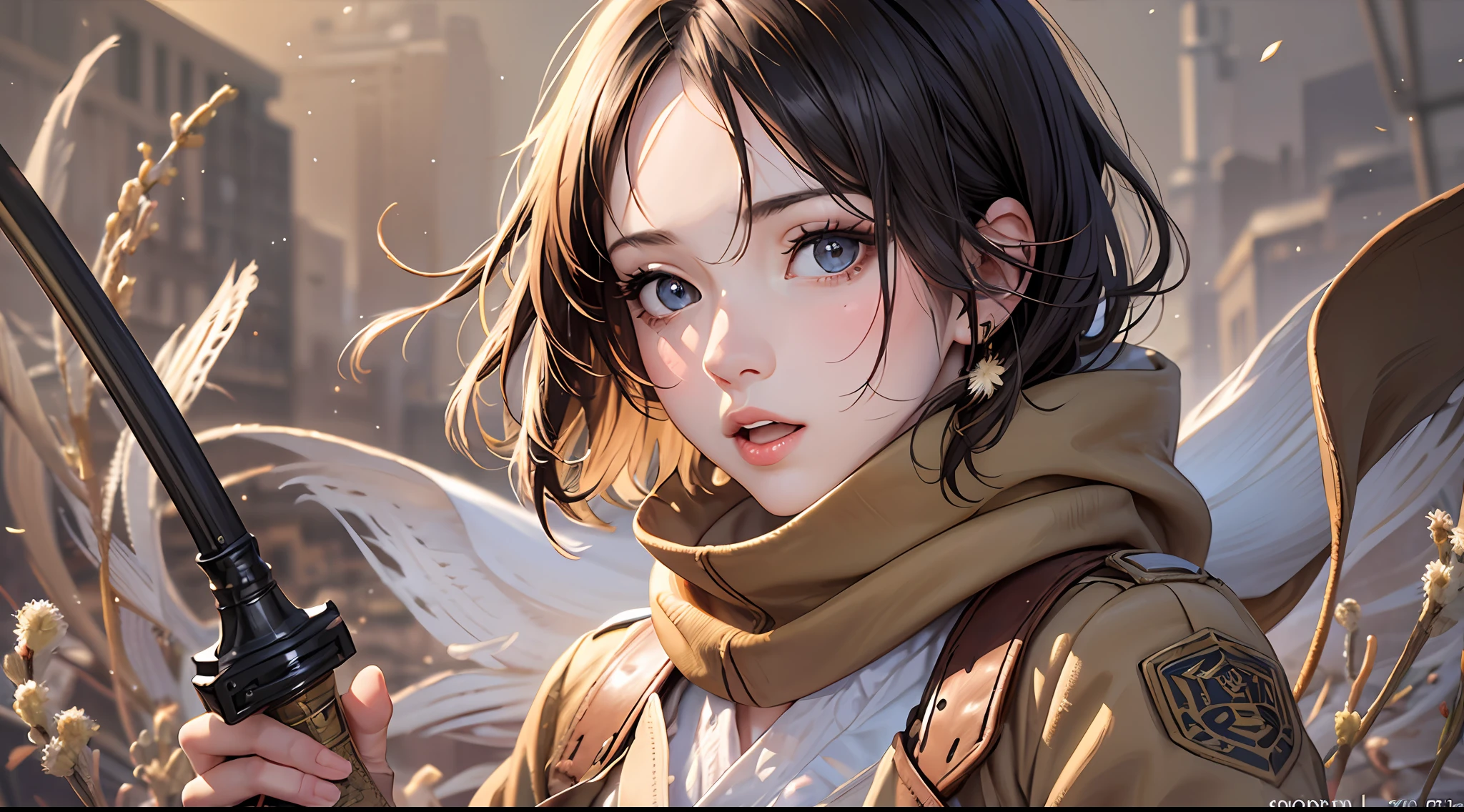 BREAK, 1girl, solo, looking at viewer, (young cute beautiful 18-year-old girl:1.4), 3d face, beautiful girl, Beautiful face, pretty, girlface, kpop idol,  supermodel, stunning innocent symmetry face, perfect body, medium breast, slim waist, slim legs, (high detailed skin:1.4), glowing eyes, goddess, natural skin texture, shiny skin, White skin, Beautiful detailed face, detailed face, real skin texture, cute delicate face, finely detailed face, golden ratio, golden ratio face, expressive eyes, perfect face, perfect skin, flawless face, clear face, shiny hair, pale skin, Proper body proportion, perfect anatomy, realistic skin texture, luscious lips, glossy lips, natural makeup, beautiful bright pupils, slender figure, intricate eyes, detailed pupils, detailed face and eyes, longeyelashes, blush, good hand, perfect hands, pretty face, beautiful female bodies, finely detailed skin, oily shiny skin, BREAK, (((((Attack on Titan, (brown jacket, emblem, white shirt, white pants:1.5), (hmmikasa, short hair, black eyes, scarf, belt, thigh strap, red scarf, long sleeves:1.4), (holding weapon, sword, dual wielding, three-dimensional maneuver gear, fighting stance, sky:1.4), (battle, adventurous look:1.3), (blush, fantasy, scenery, plants, open mouth:1.2),  (highly detailed worn metal texture:1.2), (floating colorful sparkles, light is shining, dust is drifting, floating catkins, fog, wind:1.2), (rust, dirt, dust, scratches, abrasions on the metal texture:1.2), (fly:1.4), (Luminescent Pa