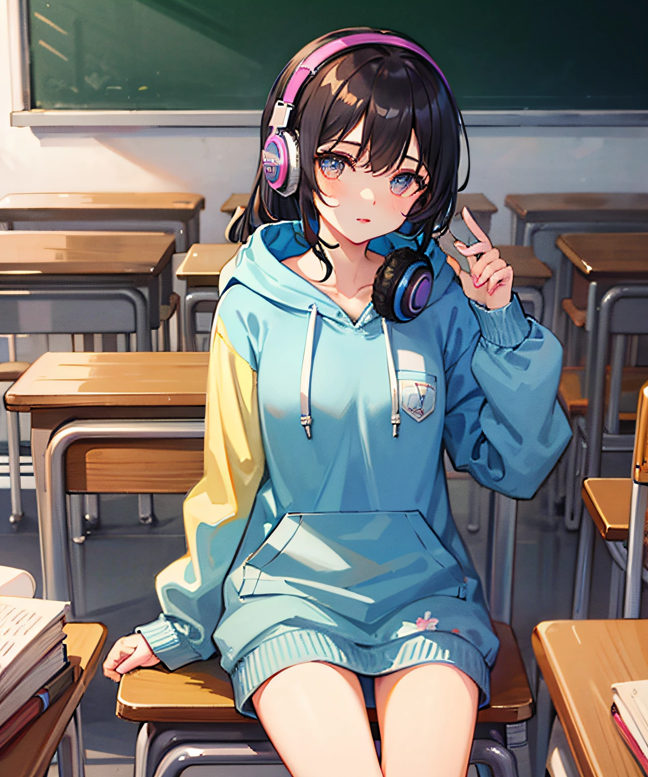 Masterpiece, 1girl, shut up, solo, incredibly ridiculous, rainbow hoodies, headphones, classrooms, desks, holding books, studying, thinking,