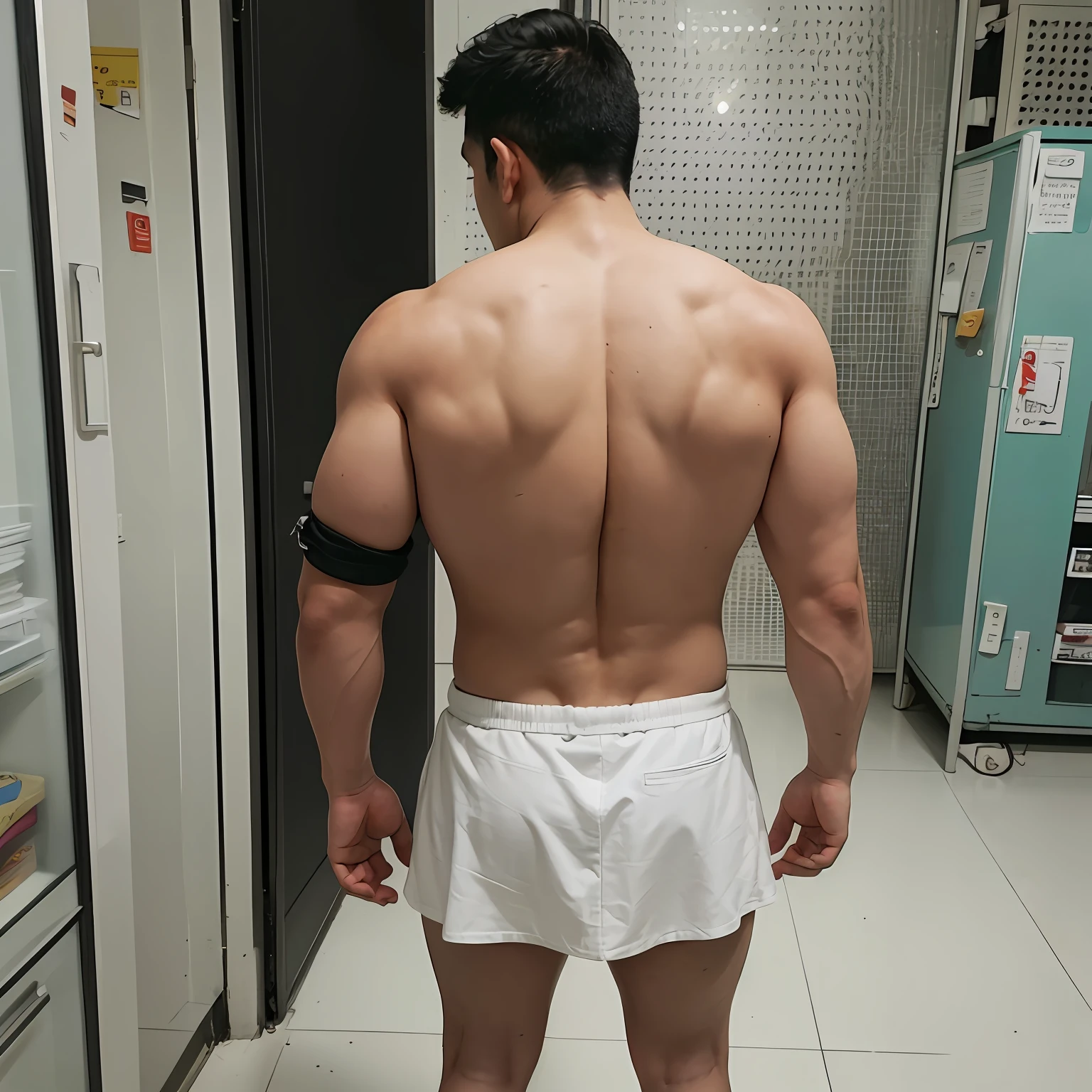 ((Asian man)), black short hair, back view, plump buttocks, ((white short skirt)), muscular back, hands tied, ((full body shot))