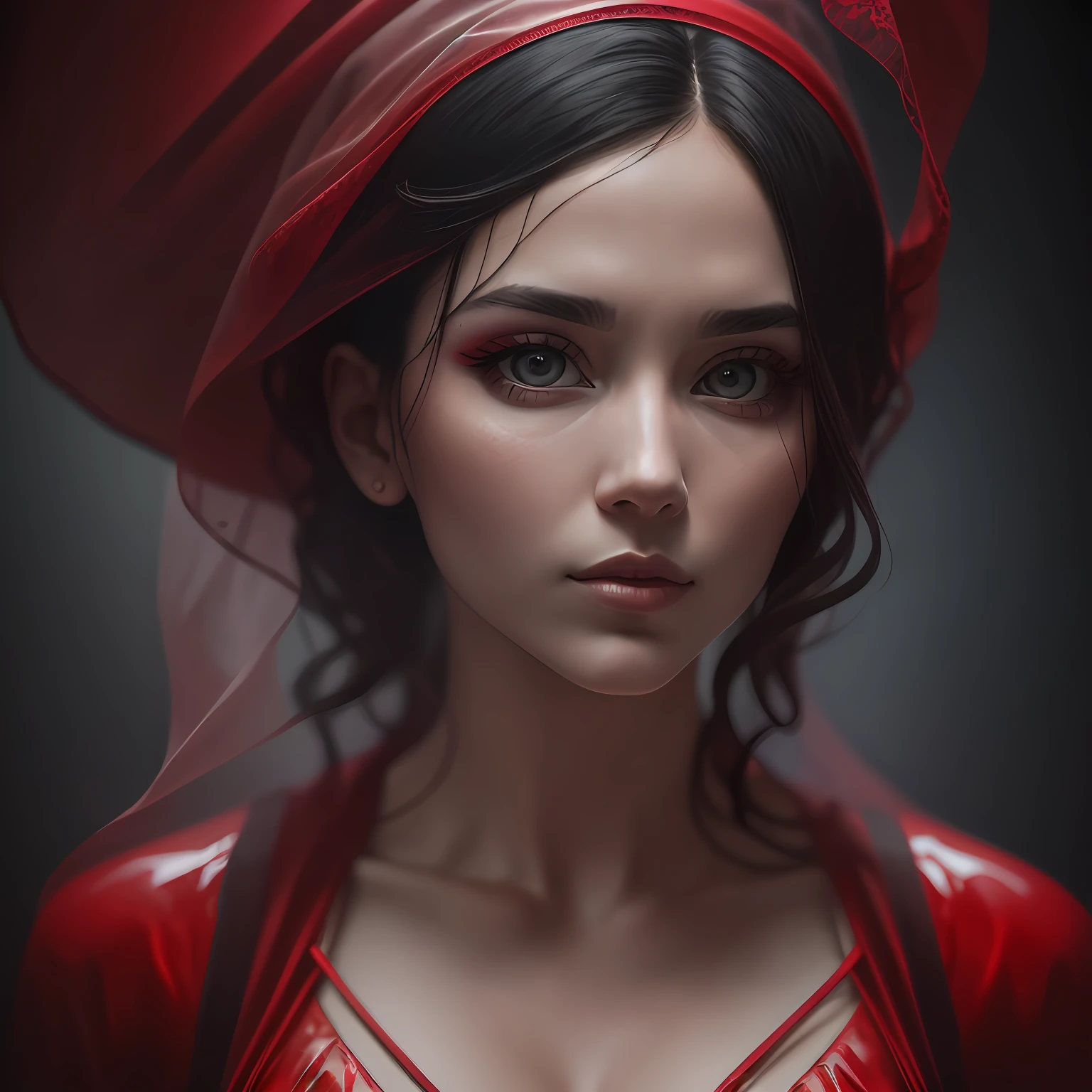a RAW photography, shot on Hasselblad X1D-50c, ISO 100, surreal fashion photography, portrait of a 35-year-old woman chest-deep, detailed face, avant-garde fashion in red translucent flowing fabrics, overhead fabric, telephoto, studio lighting, 4k, canon eos r3