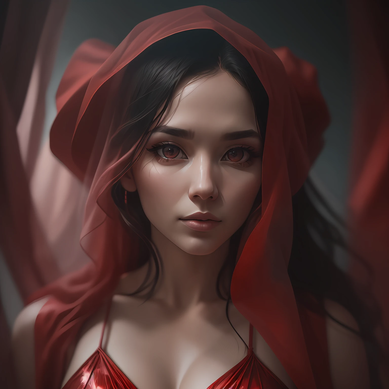 a RAW photography, shot on Hasselblad X1D-50c, ISO 100, surreal fashion photography, portrait of a 35-year-old woman chest-deep, detailed face, avant-garde fashion in red translucent flowing fabrics, overhead fabric, telephoto, studio lighting, 4k, canon eos r3