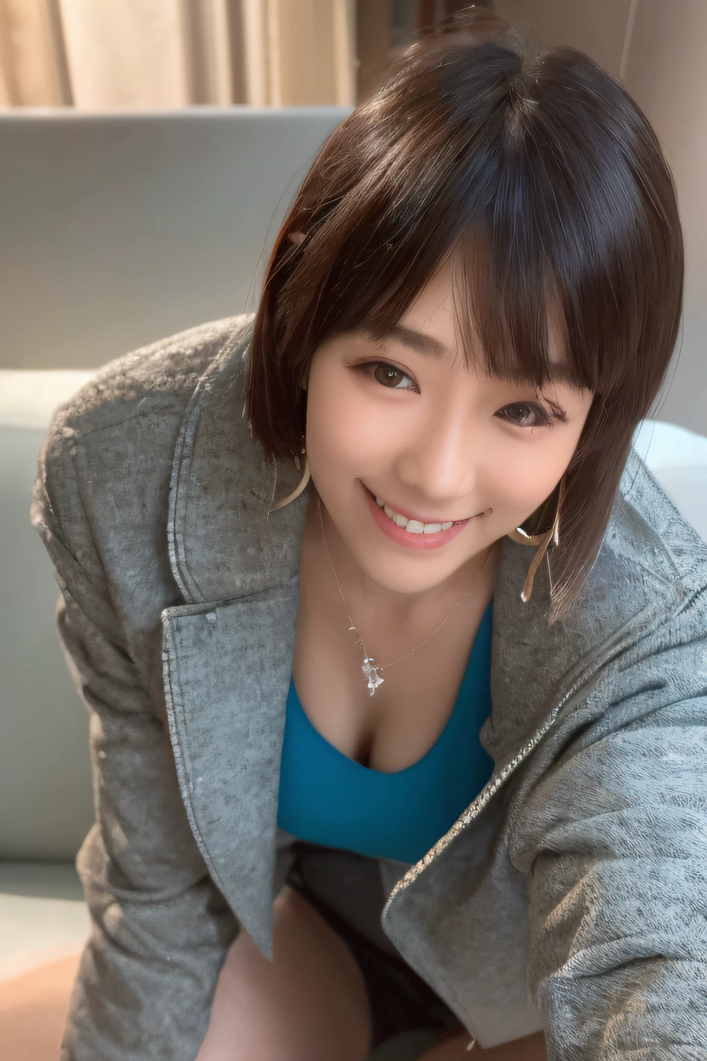 Smiling minchen, ridiculous, closed mouth, balanced eyes, (Best Quality Detail: 1.2), Realistic, 8K HD, Ultra Detailed, High Quality Texture, Complex Detail, Detailed Texture, Fine Detail, High Detail, Very Detailed CG, High Quality Shadows, Delicate Beautiful Delicate Face, (Delicate Beautiful Delicate Eyes: 1.32), Depth of Field, Ray Tracing, (A Beautiful 25-Year-Old Cute Japanese Lady: 1), Small Breasts, Tall Feminine, Beautiful Legs, Glowing Eyes, Blush, Perfect Petite, Scrawny, Blurred Outdoor Background, Silver Tight Bra, Blue Taste Denim Jacket, Cardigan Coat: 1.1, [Brown skirt]: 1, stockings and suspenders: 1.2, short hair, comfortable living room, sunshine, kneeling on sofa, earrings, necklace, model, looking at the audience, dynamic pose, earrings, necklace, model, looking at the audience, from the side, dynamic pose, front