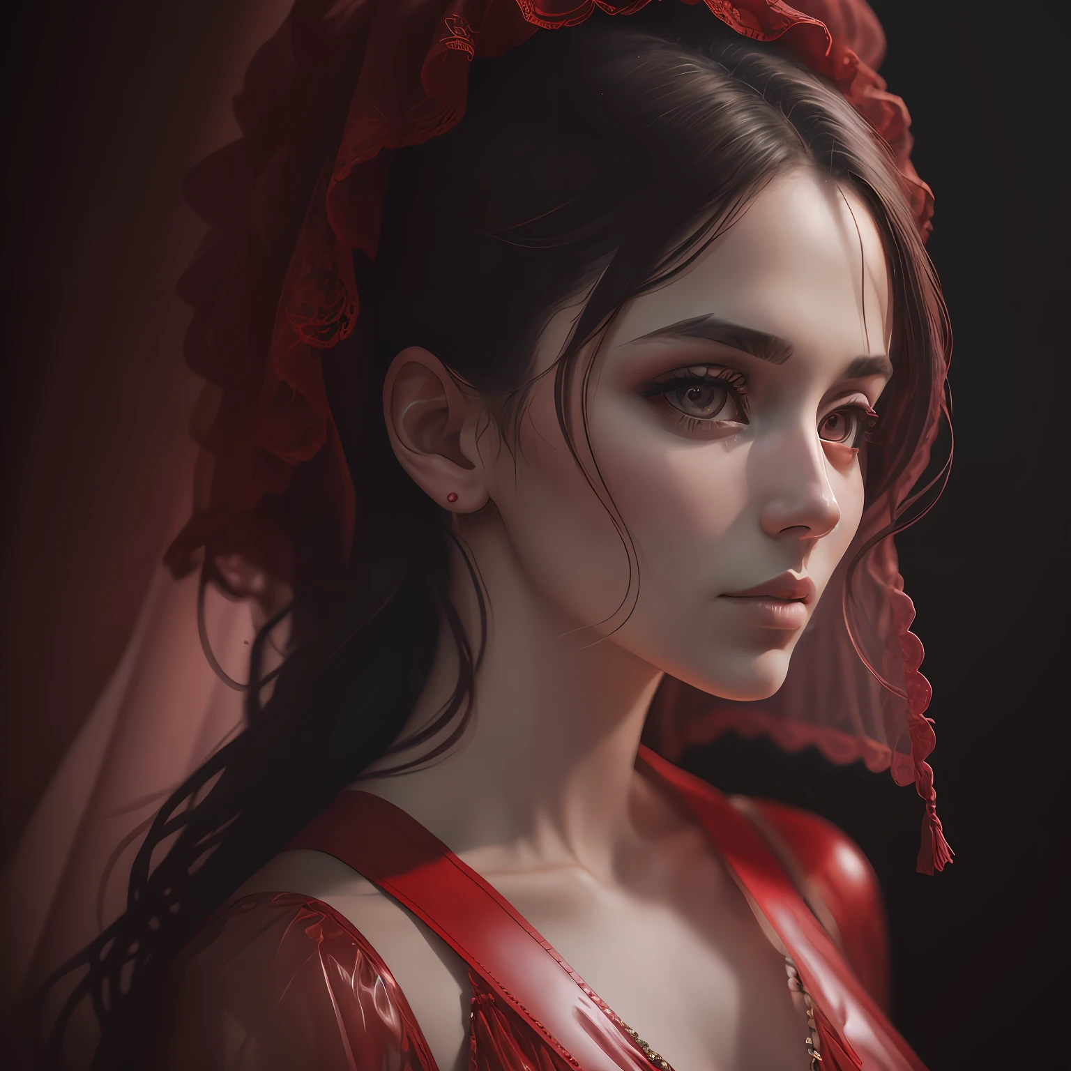 a RAW photography, shot on Hasselblad X1D-50c, ISO 100, surreal fashion photography, portrait of a 35-year-old woman chest-deep, detailed face, avant-garde fashion in red translucent flowing fabrics, overhead fabric, telephoto, studio lighting, 4k, canon eos r3
