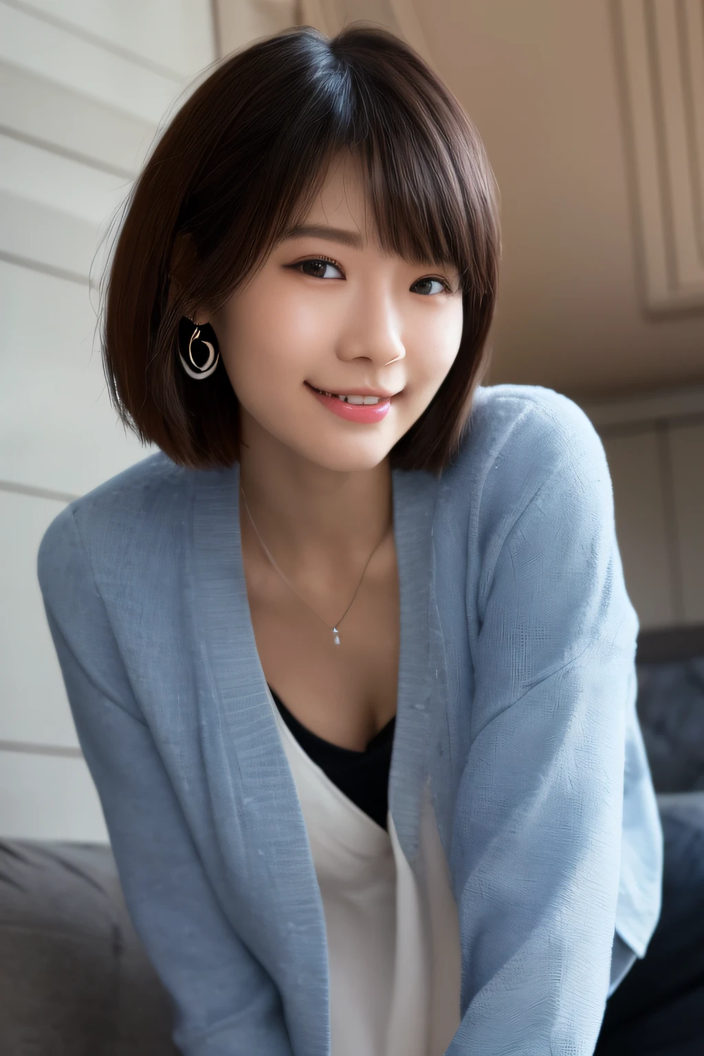 Smiling minchen, ridiculous, closed mouth, balanced eyes, (Best Quality Detail: 1.2), Realistic, 8K HD, Ultra Detailed, High Quality Texture, Complex Detail, Detailed Texture, Fine Detail, High Detail, Very Detailed CG, High Quality Shadows, Delicate Beautiful Delicate Face, (Delicate Beautiful Delicate Eyes: 1.32), Depth of Field, Ray Tracing, (A Beautiful 25-Year-Old Cute Japanese Lady: 1), Small Breasts, Tall Feminine, Beautiful Legs, Glowing Eyes, Blush, Perfect Petite, Scrawny, Blurred Outdoor Background, Silver Tight Bra, Blue Taste Denim Jacket, Cardigan Coat: 1.1, [Brown skirt]: 1, stockings and suspenders: 1.2, short hair, comfortable living room, sunshine, kneeling on sofa, earrings, necklace, model, looking at the audience, dynamic pose, earrings, necklace, model, looking at the audience, from the side, dynamic pose, front