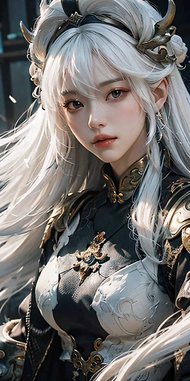Close-up of a woman with white hair and white mask, beautiful figure painting, Guvitz, Guwiz style artwork, white-haired god, Yang J, vista, half-body, epic exquisite character art, stunning character art, Fan Qi, Wu Zhun Shifan, Gu Wiz in Pixiv Art Station