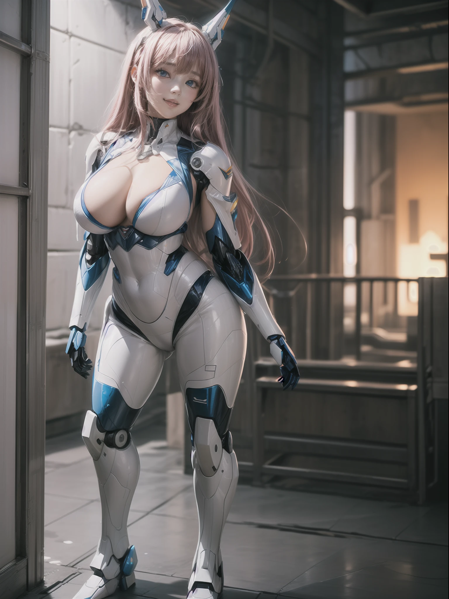 ((Full body/standing):2) {((Only 1woman):1.2)}: ((Wearing white mecha suit with blue parts, extremely tight on the body):1.5), has ((extremely large breasts): 1.2), only she has ((pink mohawk hair, blue eyes):1.2), is ((leaning against the wall, doing erotic pose for the viewer, smiling)). \n Background:((in a futuristic dungeon full of giant robots):1.5). anime, anime style, 16k, high resolution, ((best quality, high detail: 1.3)), UHD, ((masterpiece))