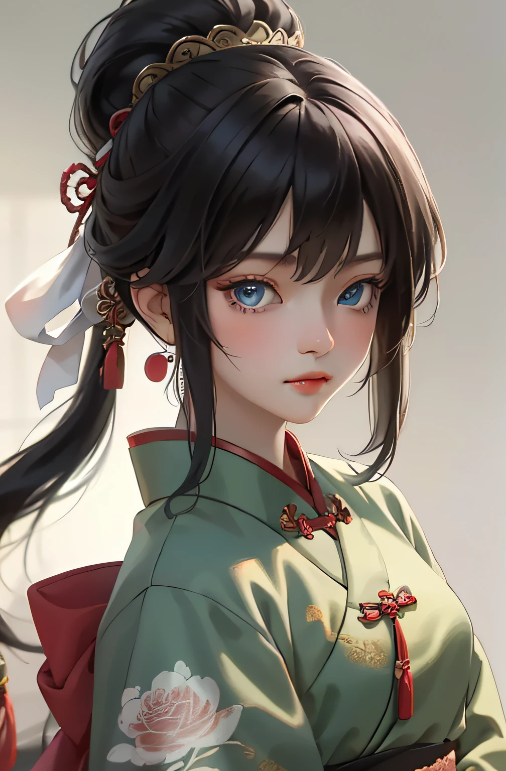Best quality, masterpiece, a girl with black hair, blue eyes, a boy, black hair, high ponytail, wearing traditional Chinese dress, (headdress 4.1), looking directly into the camera
